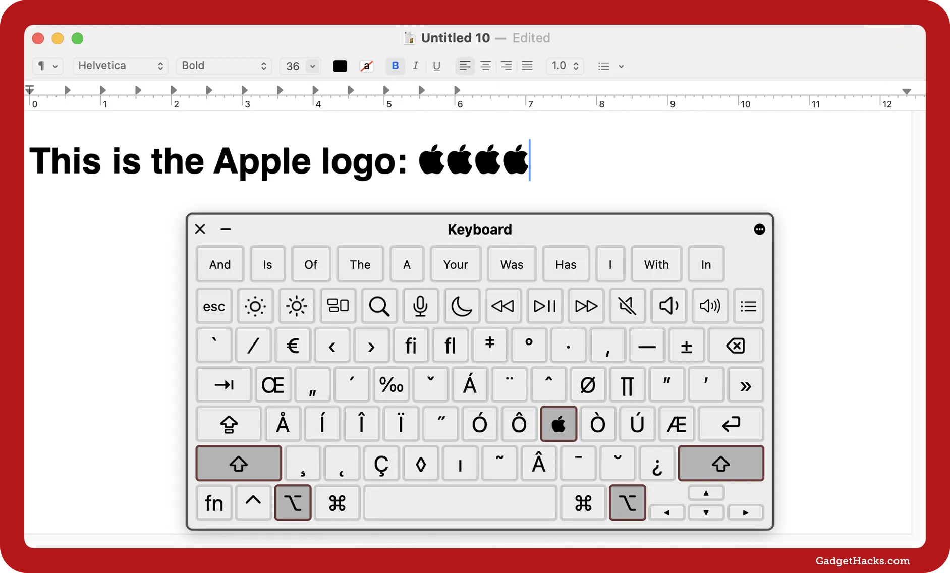 Mac desktop showing TextEdit with the Apple logo typed three times, plus the macOS virtual keyboard highlighting the Shift, Option, and K keys.