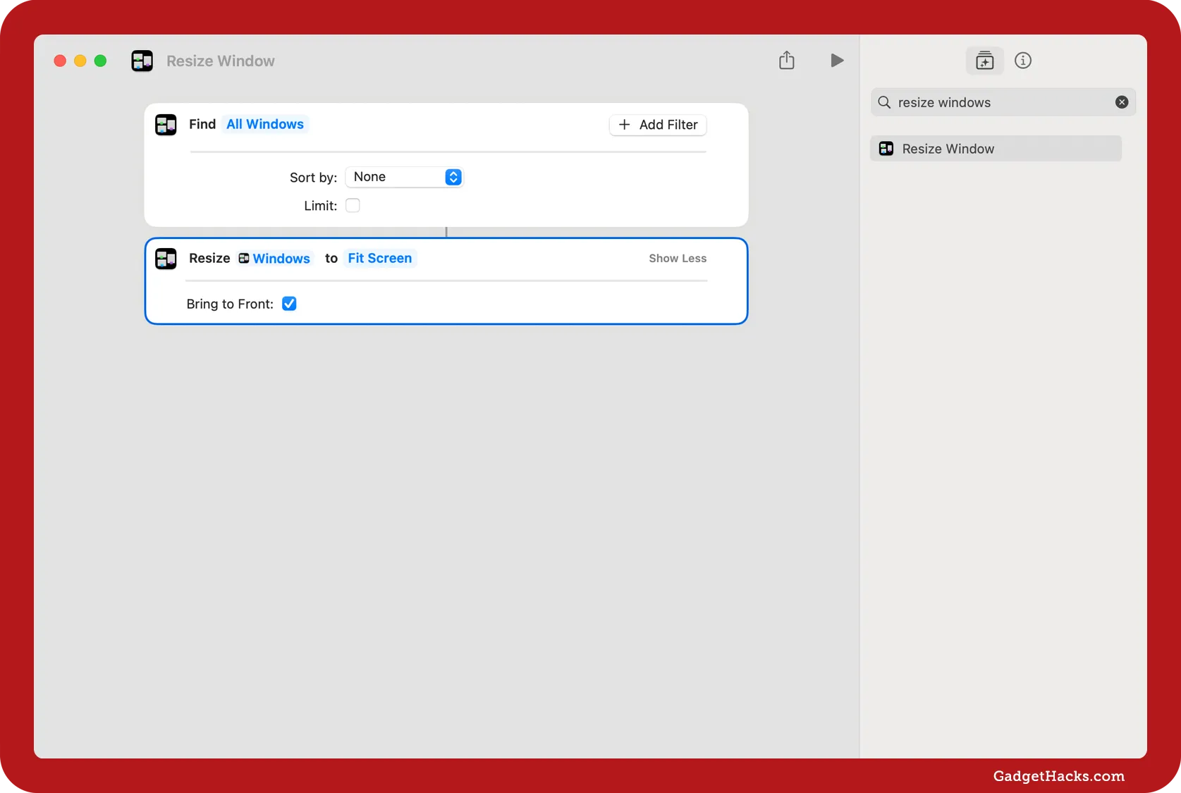 Resize Window shortcut in macOS set to find all windows and resize them to fit the screen, with the option enabled to bring each window to the front.
