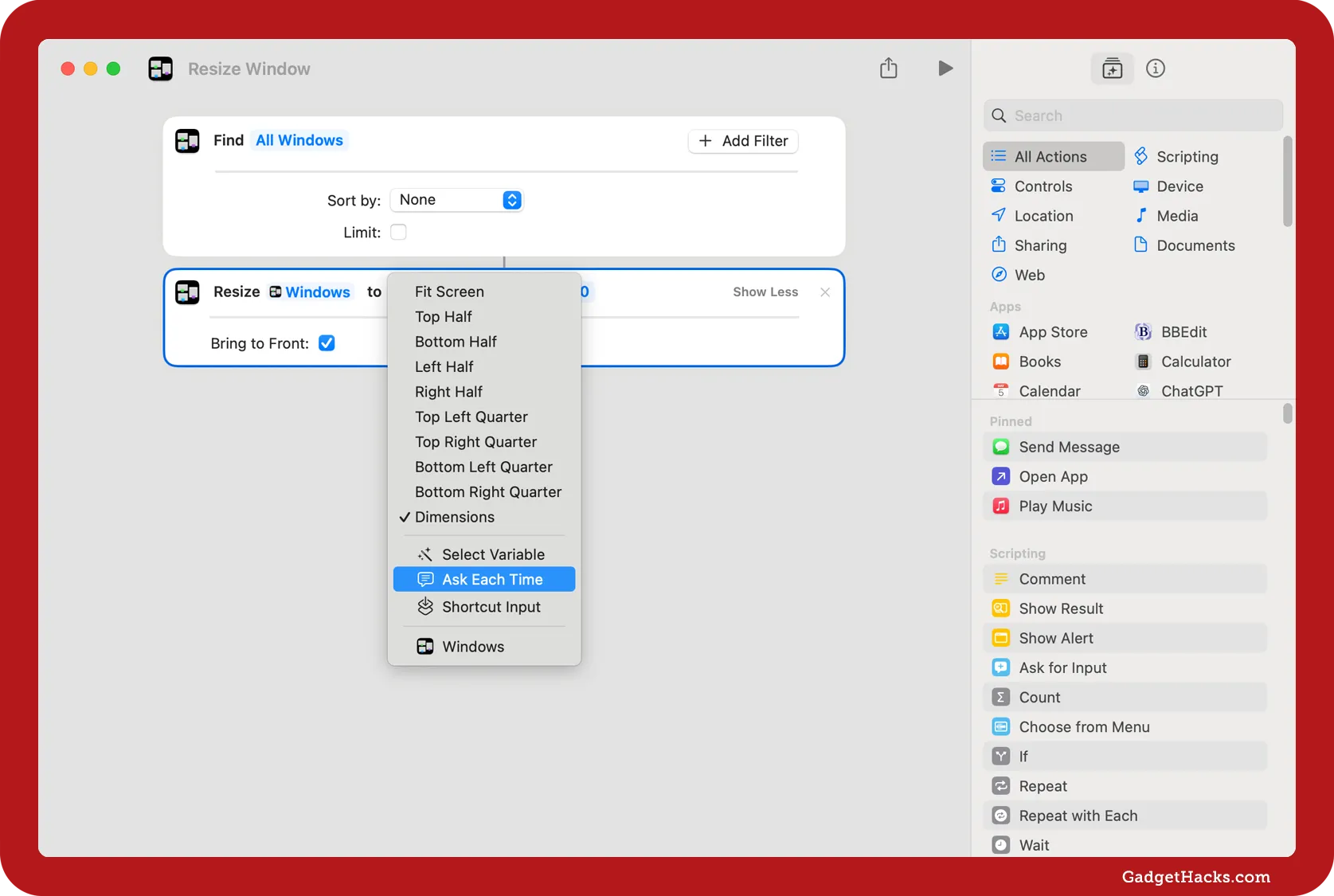 Resize Window action in macOS Shortcuts with ‘Ask Each Time’ selected, showing preset window positions like Fit Screen, Top Half, and Bottom Right Quarter in the dropdown menu.