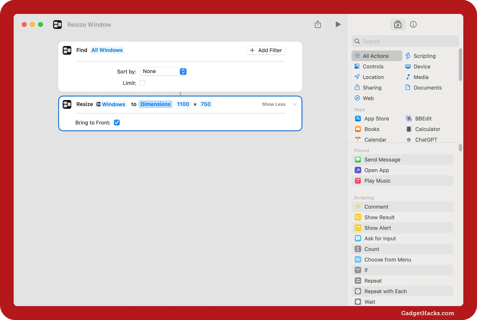 Resize Window shortcut in macOS set to resize all windows to 1100 × 750 pixels, with no sorting or limit, and ‘Bring to Front’ option enabled.