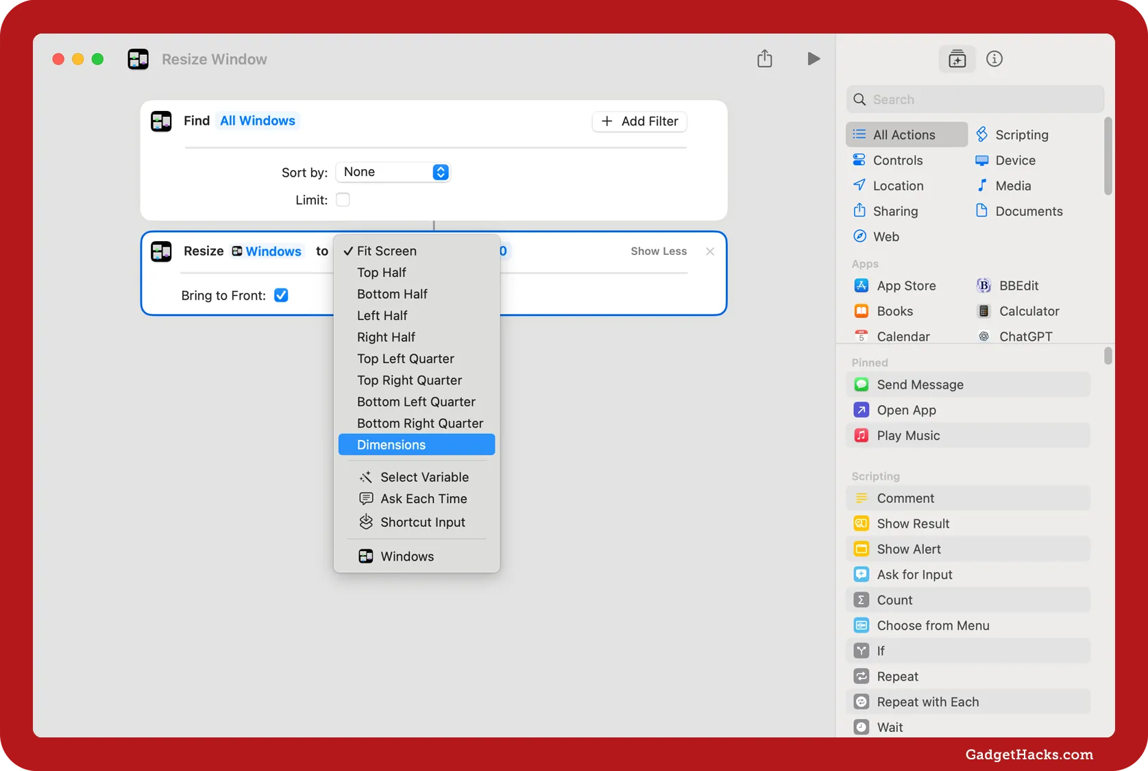 Resize Window action in macOS Shortcuts with ‘Dimensions’ selected, showing window placement options like Top Half, Bottom Right Quarter, Select Variable, and Shortcut Input.