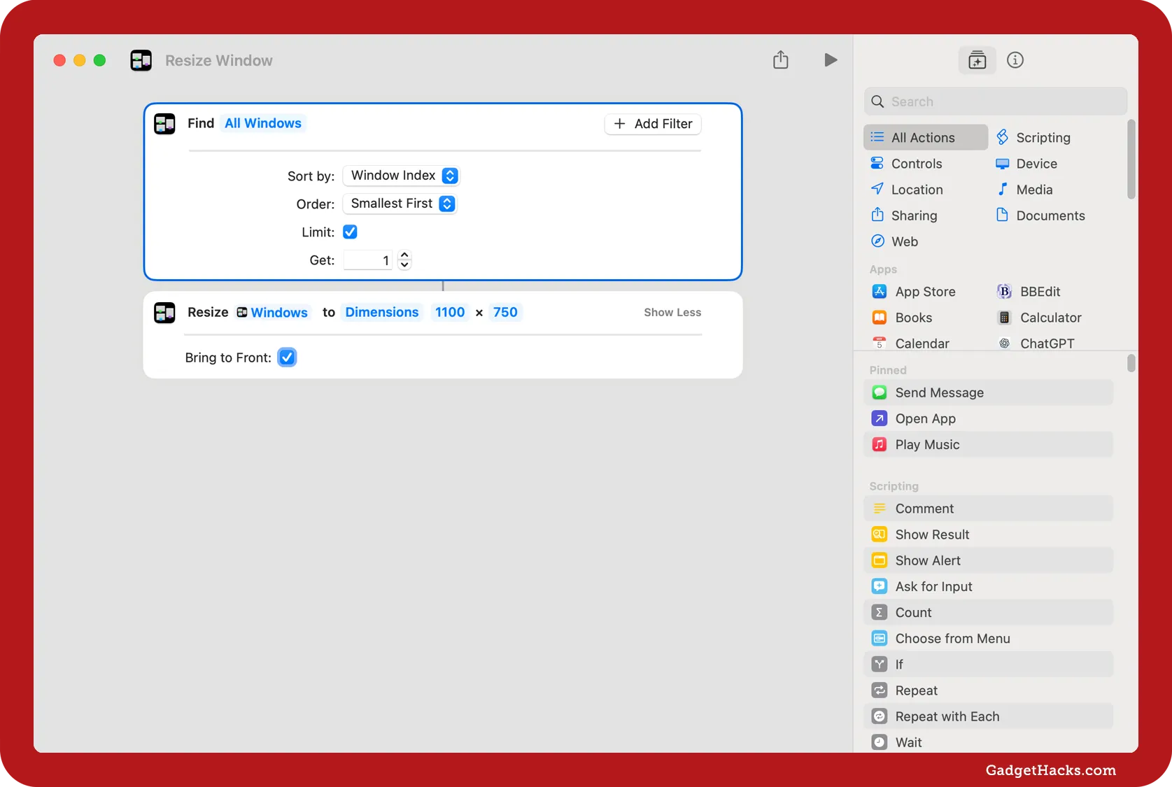 Resize Window shortcut on macOS set to resize the smallest-indexed window to 1100 × 750 pixels, bringing it to the front after sorting by window index.