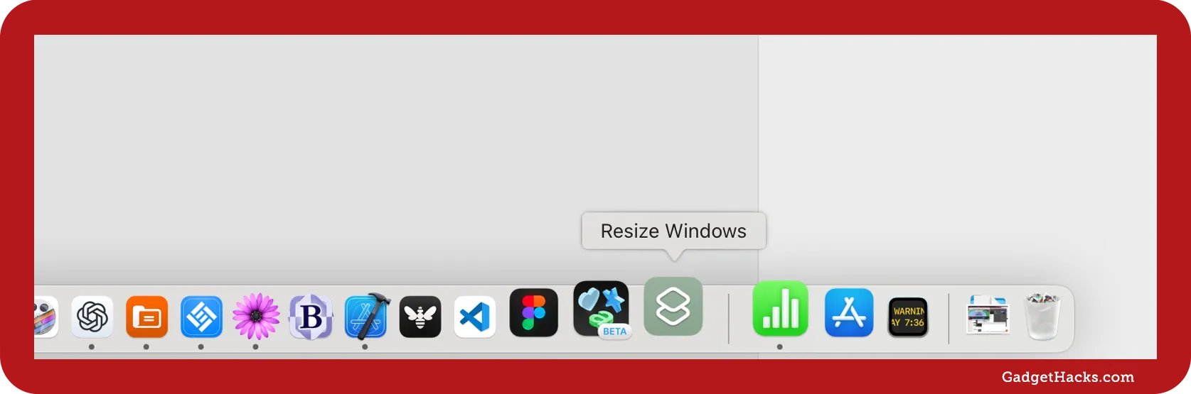 macOS Dock with the Shortcuts app icon for ‘Resize Windows’ highlighted, showing it was added for quick access alongside commonly used productivity and design apps.