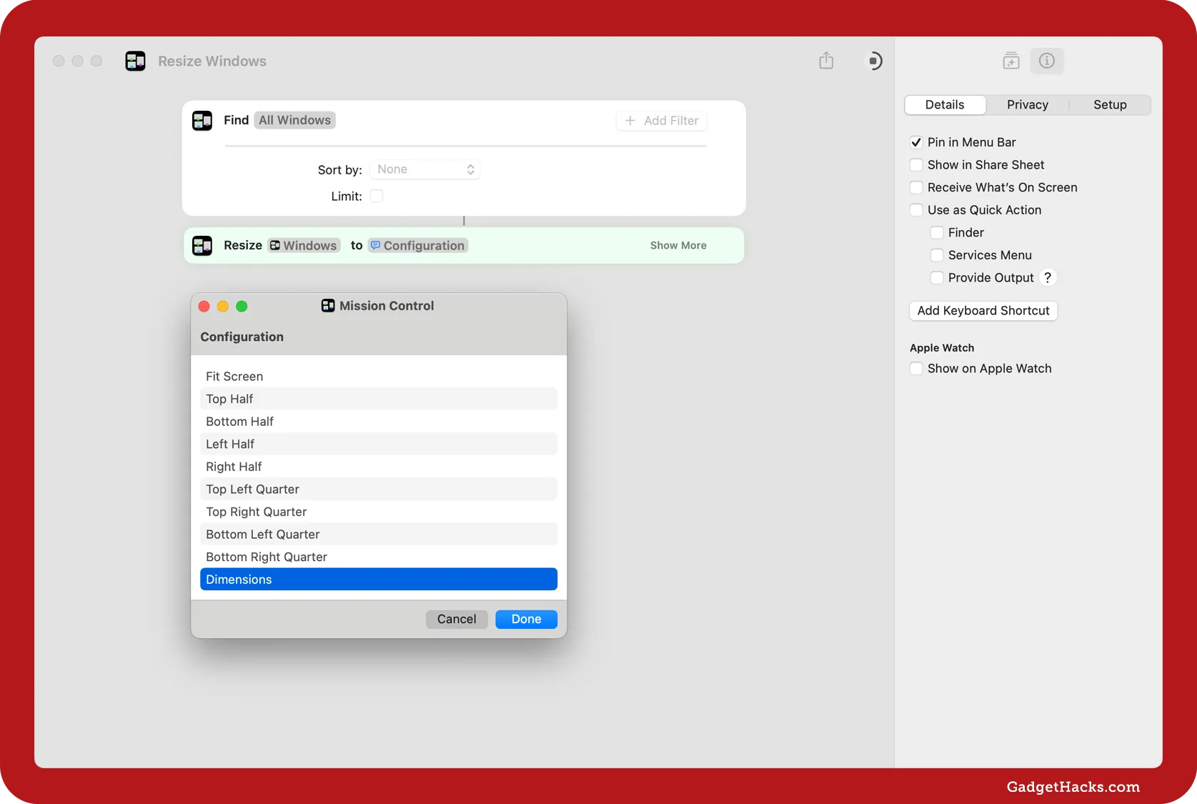 Resize Windows shortcut in macOS with Mission Control configuration panel open, showing layout options like Fit Screen, Top Half, and Dimensions for customizing window placement.