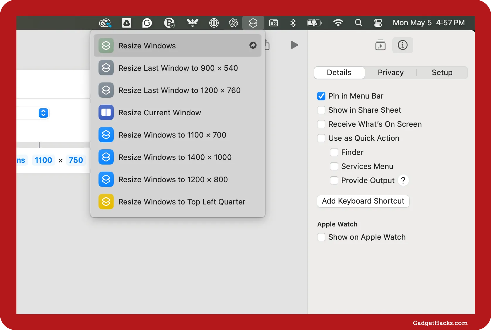 Shortcuts menu in macOS with multiple window resizing options, pinned to the menu bar for quick access, including custom dimensions and quarter-screen placements.