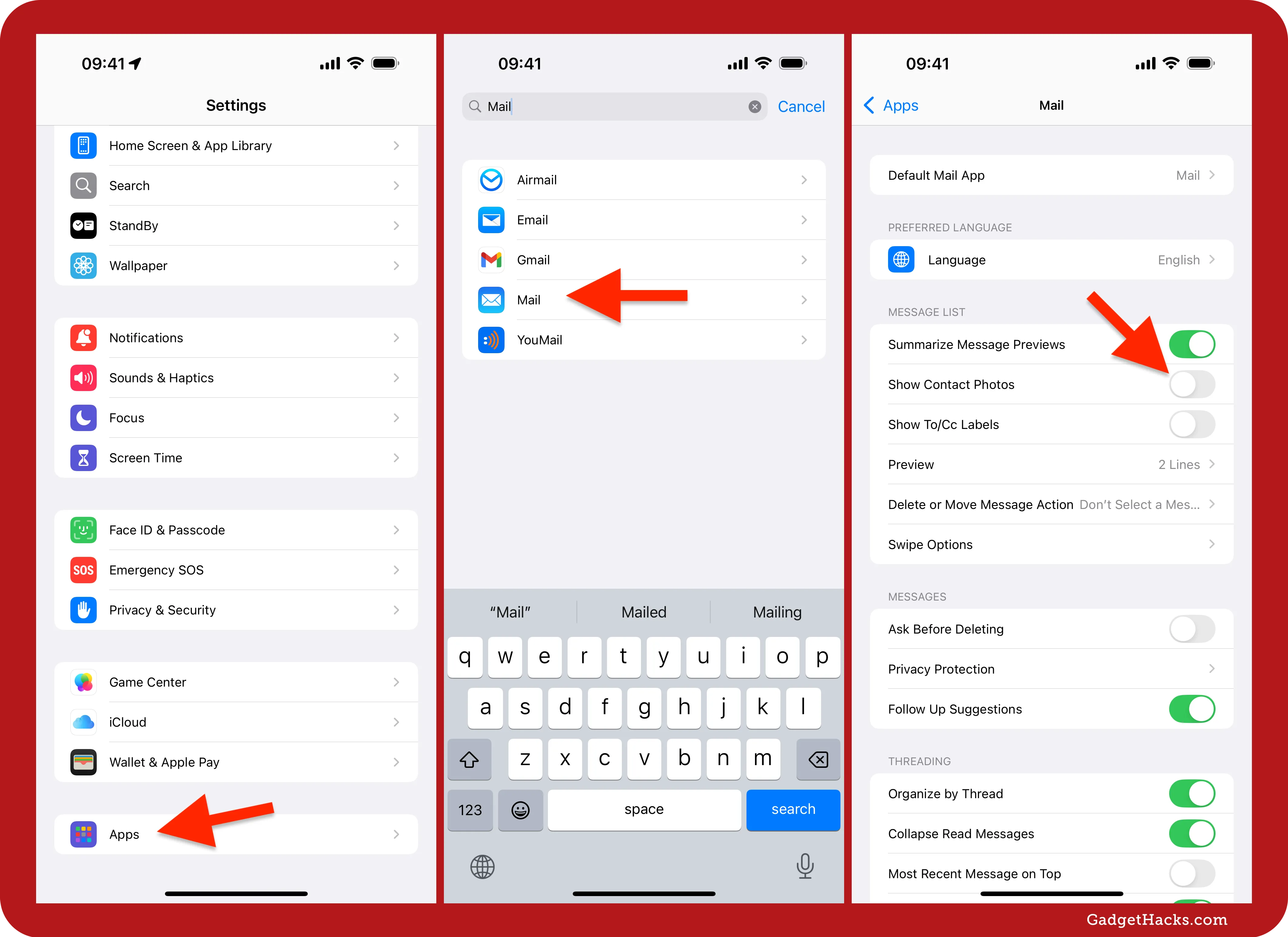 Settings app on iOS showing the path to toggle ‘Show Contact Photos’ for Mail via Apps » Mail, highlighting the new in-app toggle introduced in iOS 18.4.
