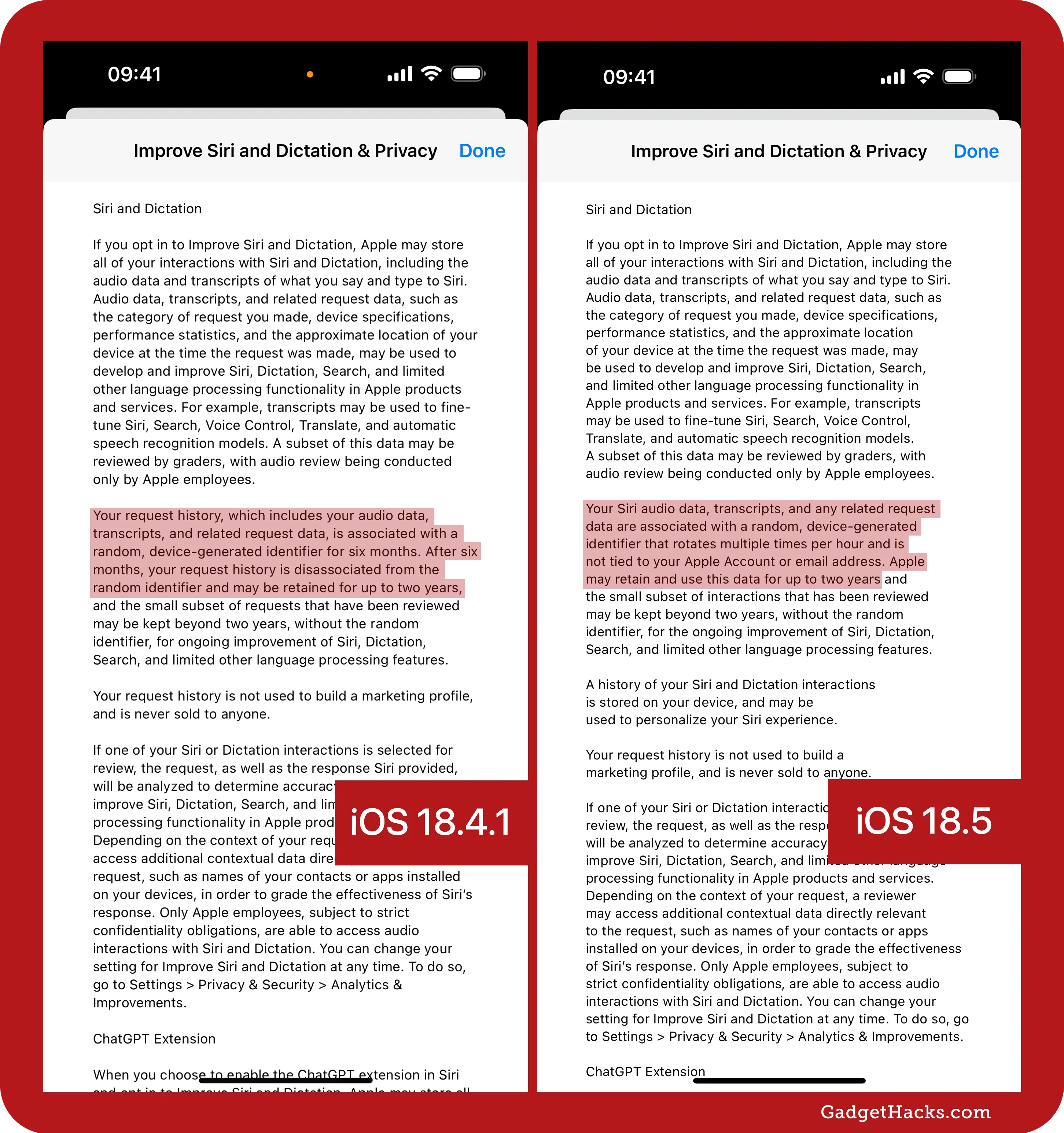 Side-by-side screenshots comparing iOS 18.4.1 and 18.5 Siri and Dictation privacy fine print, highlighting Apple request data retention policy changes.