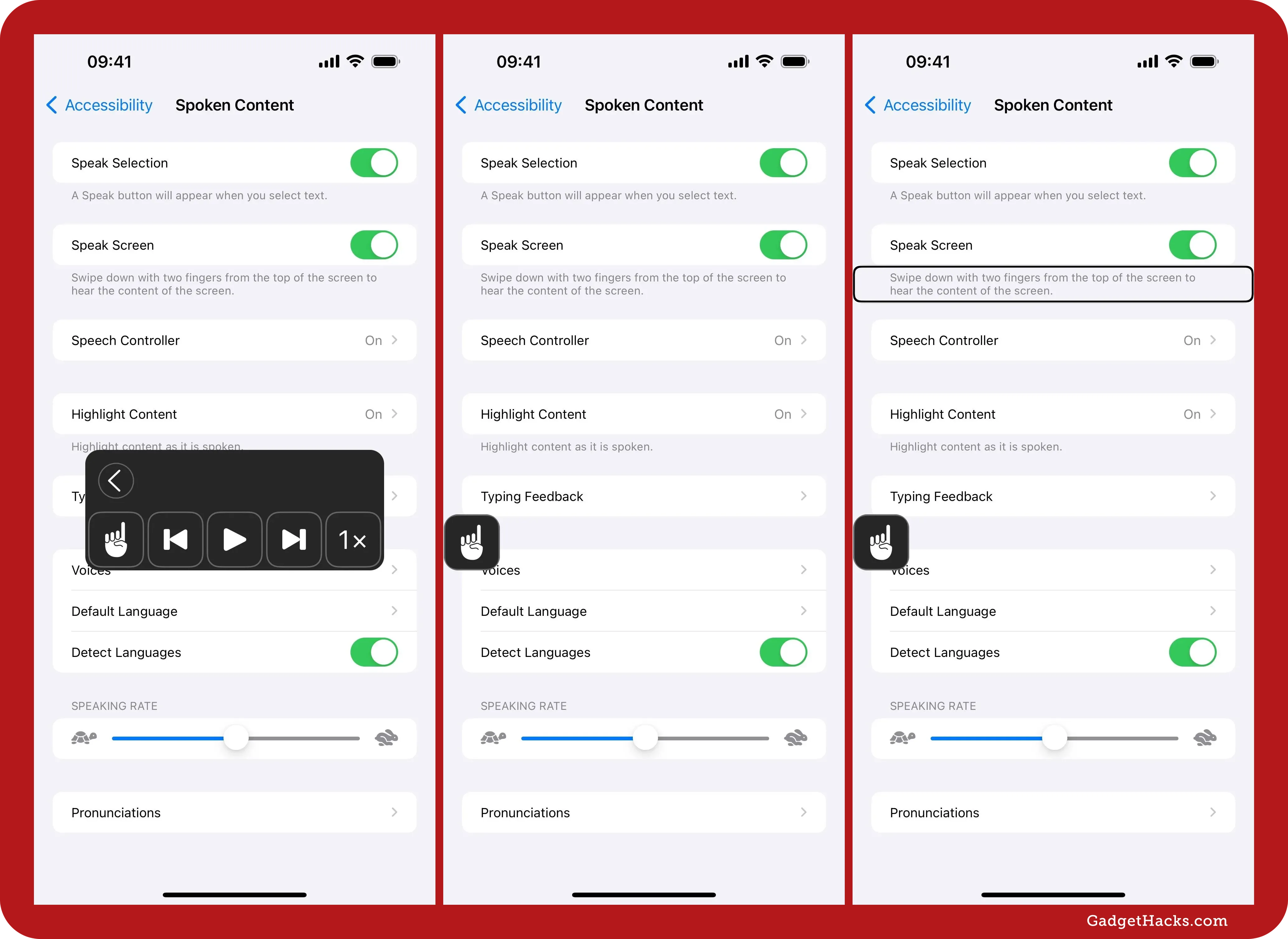 Three iPhone screenshots showing the ‘Speak Screen’ feature in action from Settings » Accessibility » Spoken Content, including playback controls and finger swipe gesture activation.