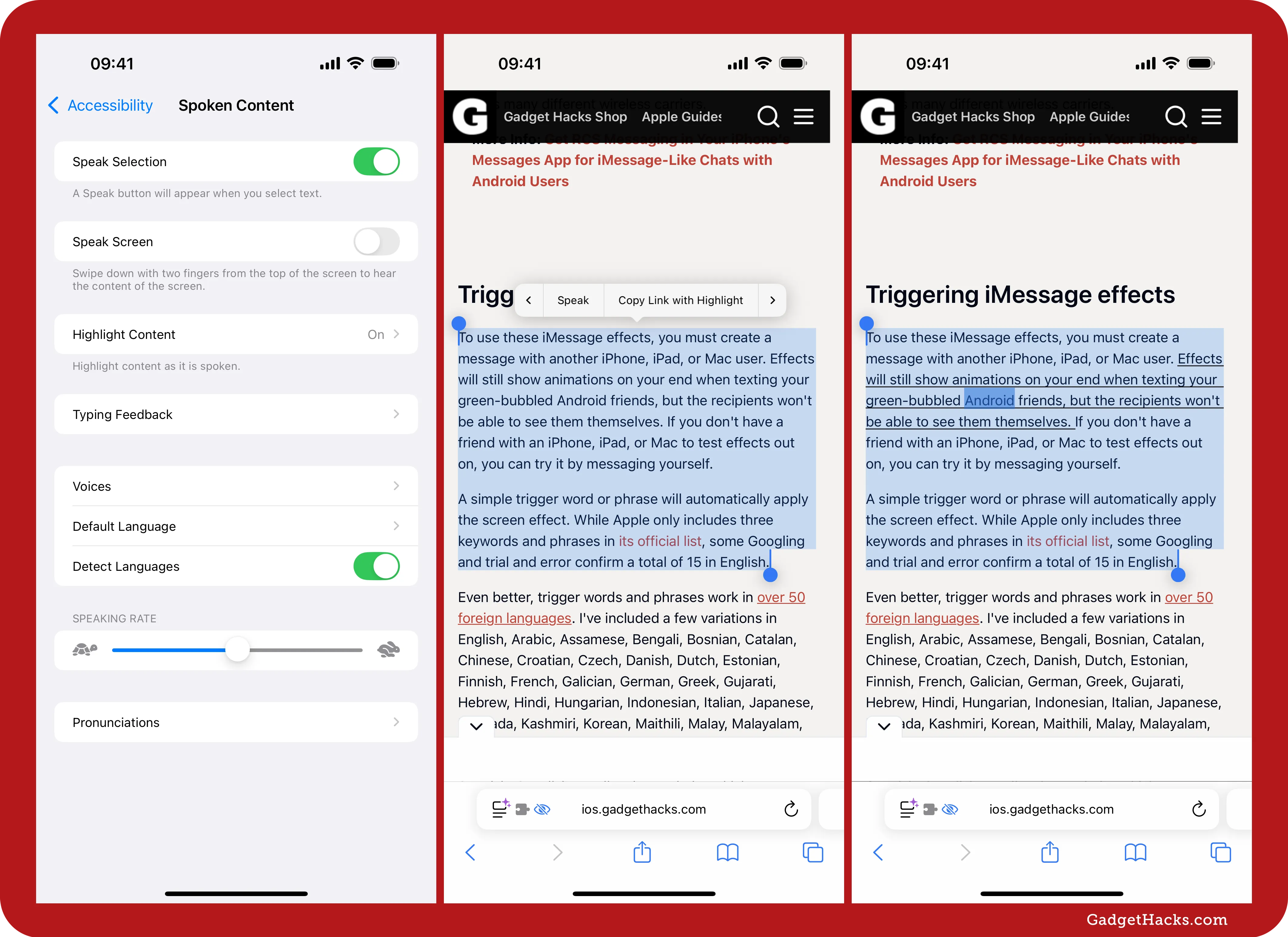 Three iPhone screenshots showing ‘Speak Selection’ in Safari on iOS 18, with highlighted iMessage effects text and Speak button active in Settings » Accessibility » Spoken Content.