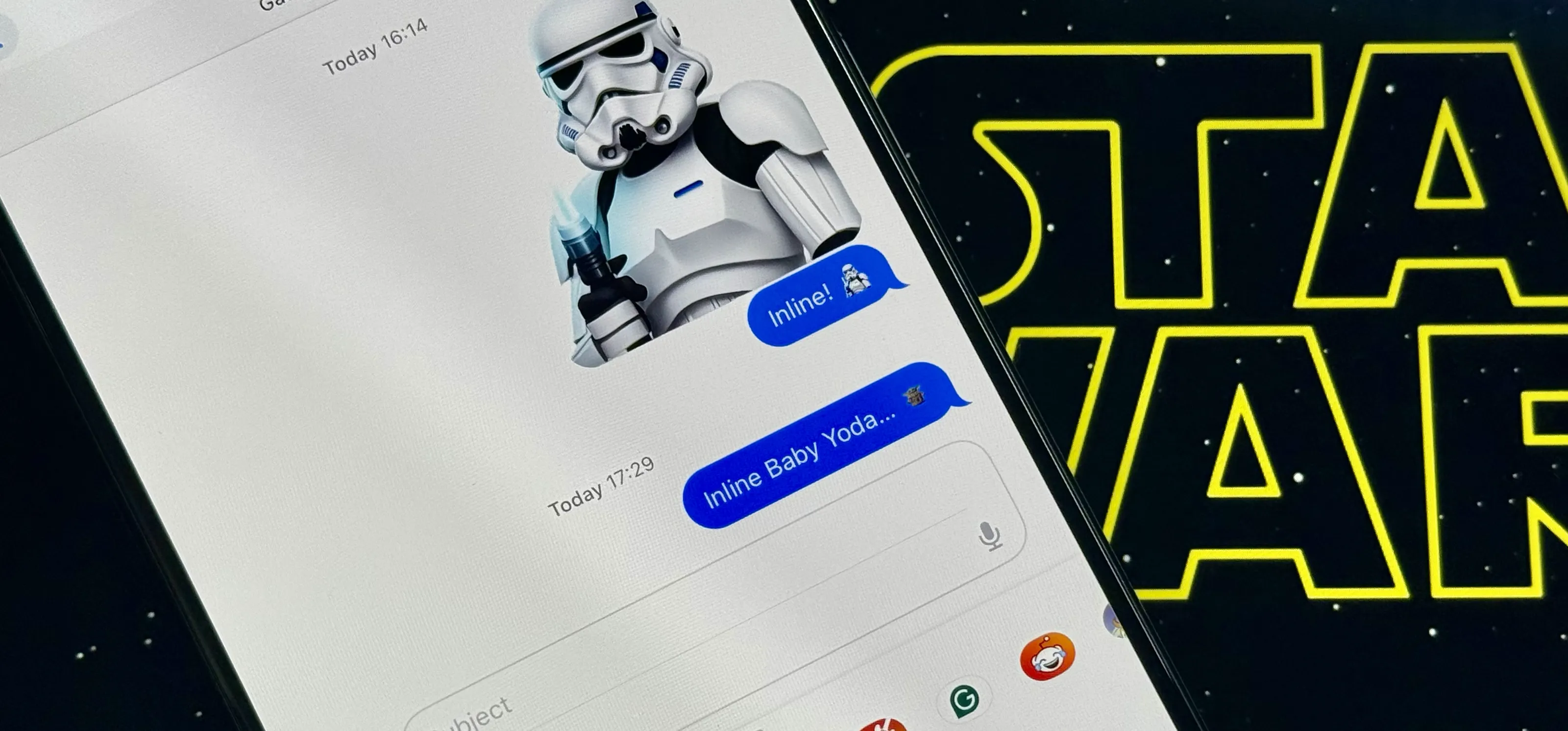 Close-up of iPhone Messages conversation showing inline Stormtrooper sticker in one blue bubble, inline Grogu sticker in another against a partial Star Wars logo backdrop.
