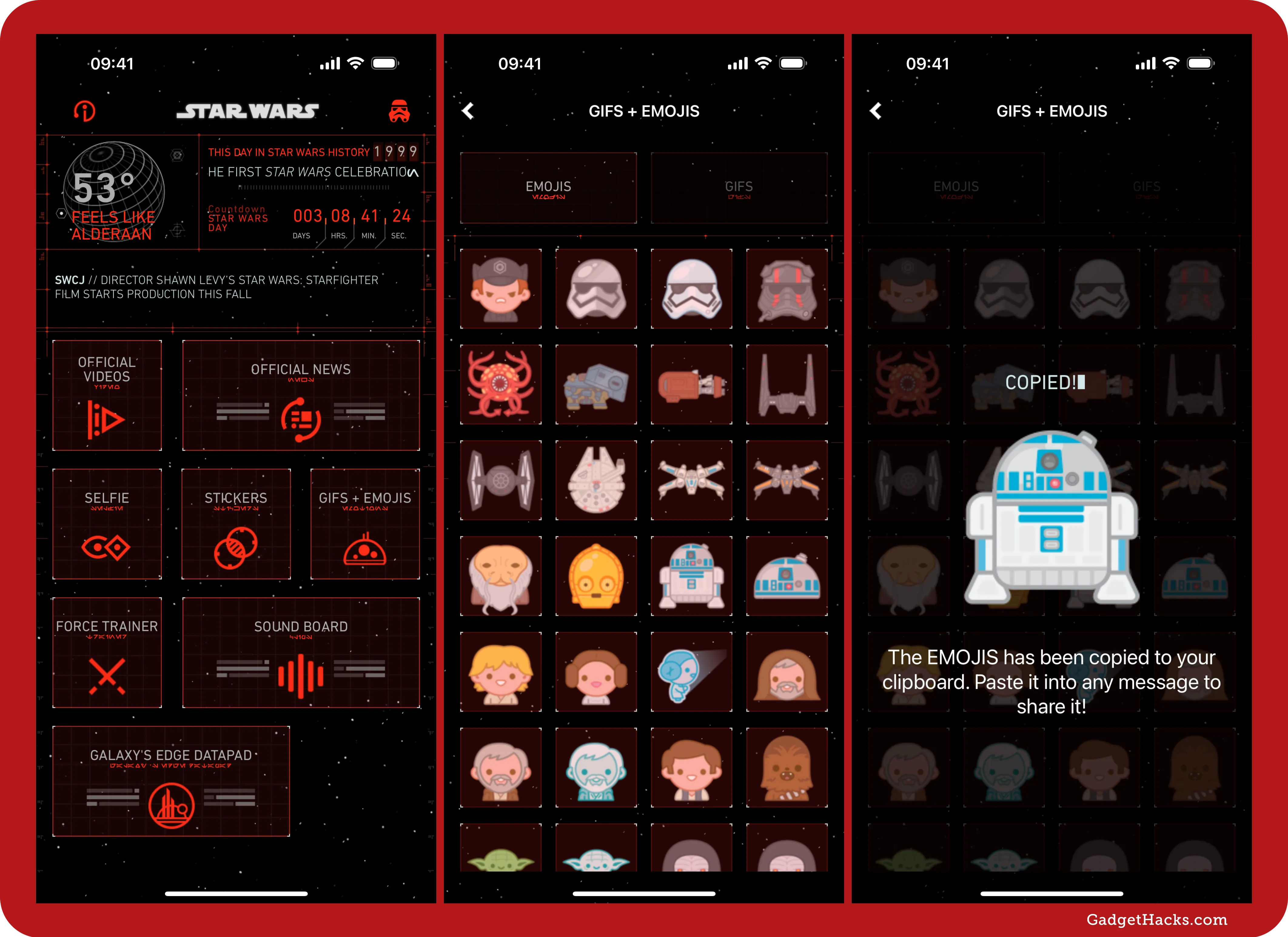 Three-panel iPhone Star Wars app — main menu with various options, Star Wars Day countdown, and tiles; GIFs + emojis grid; R2-D2 emoji copied overlay.