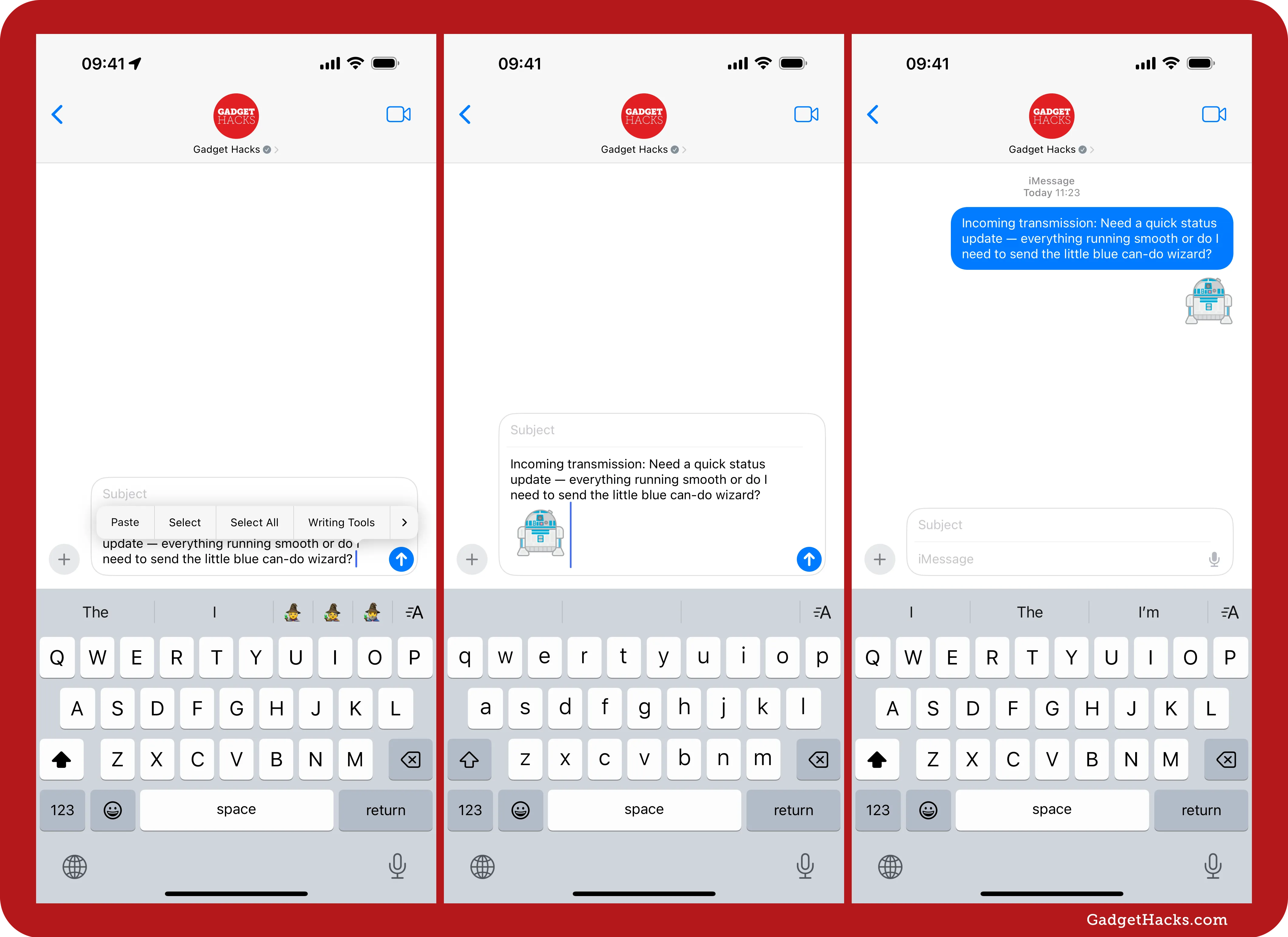 Three-panel iPhone Messages screenshot showing subject-line editing, Star Wars R2-D2 sticker placed inside subject, and final sent message in blue bubble.