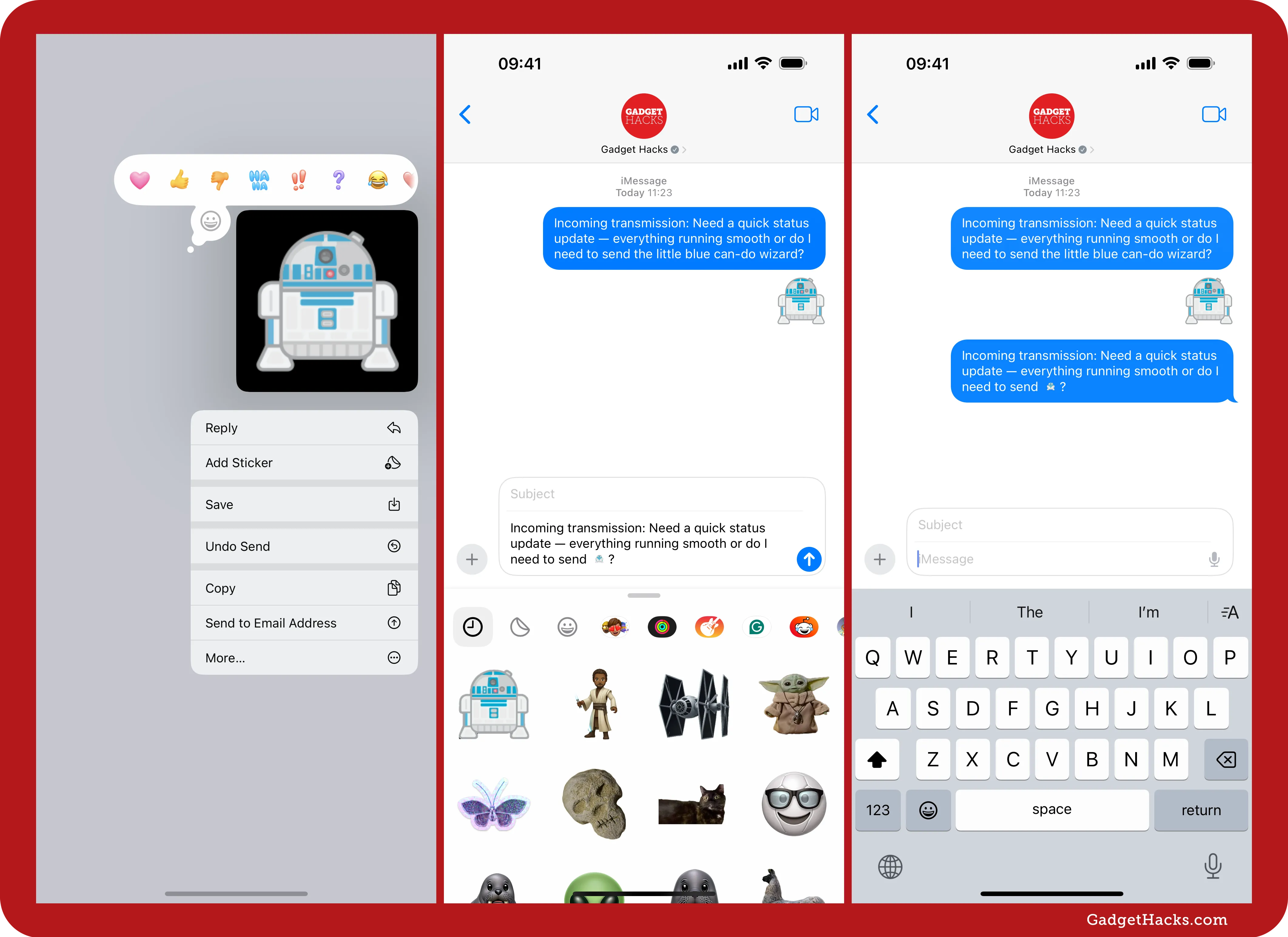 Three-panel iPhone Messages screenshot — Star Wars R2-D2 sticker reaction menu, sticker drawer, and sent message with emoji-like R2-D2.