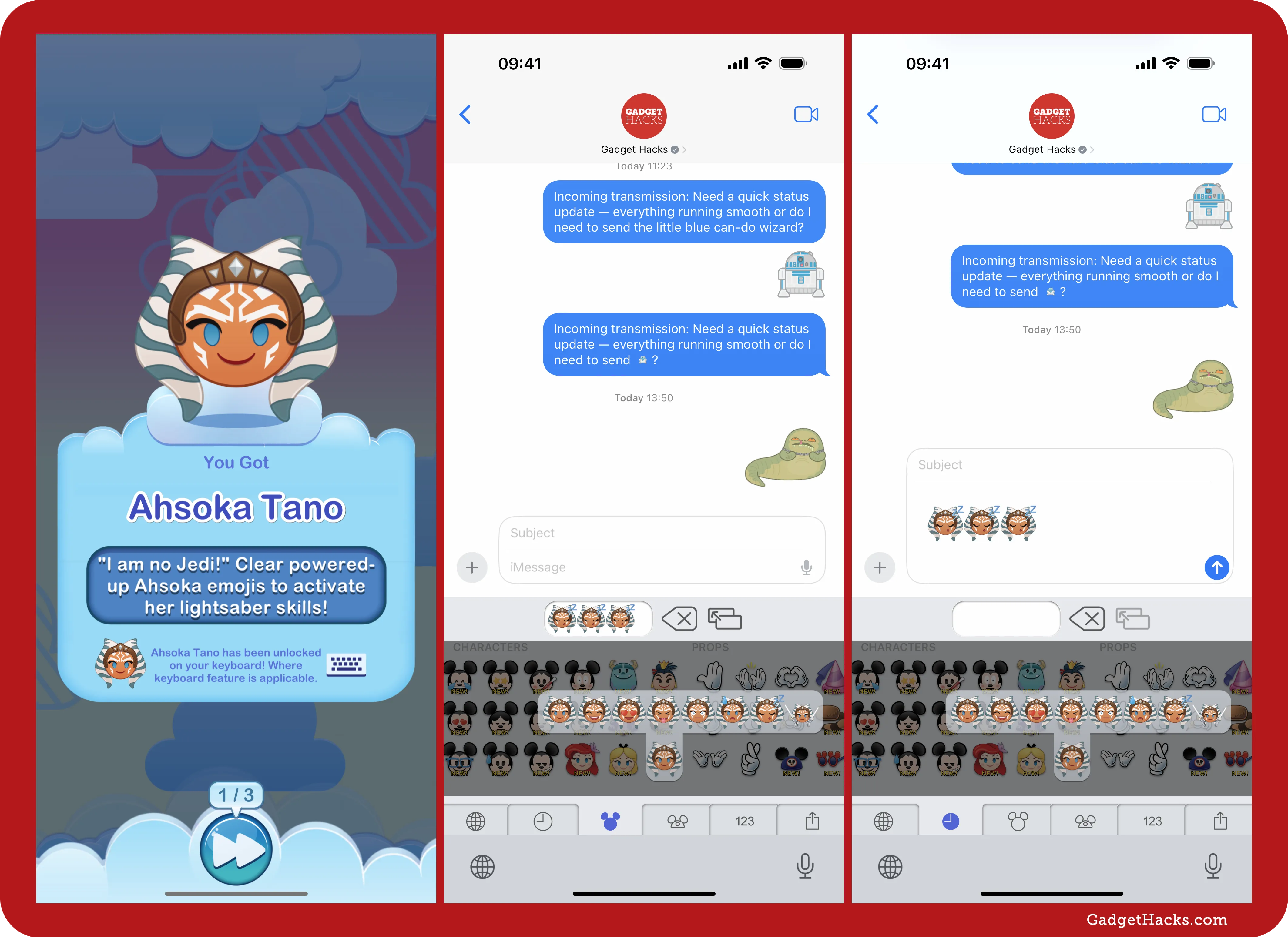 Three iPhone screenshots — first shows unlocking Star Wars Ahsoka Tano emoji in Disney Emoji Blitz, next two show using those emojis in Messages keyboard.