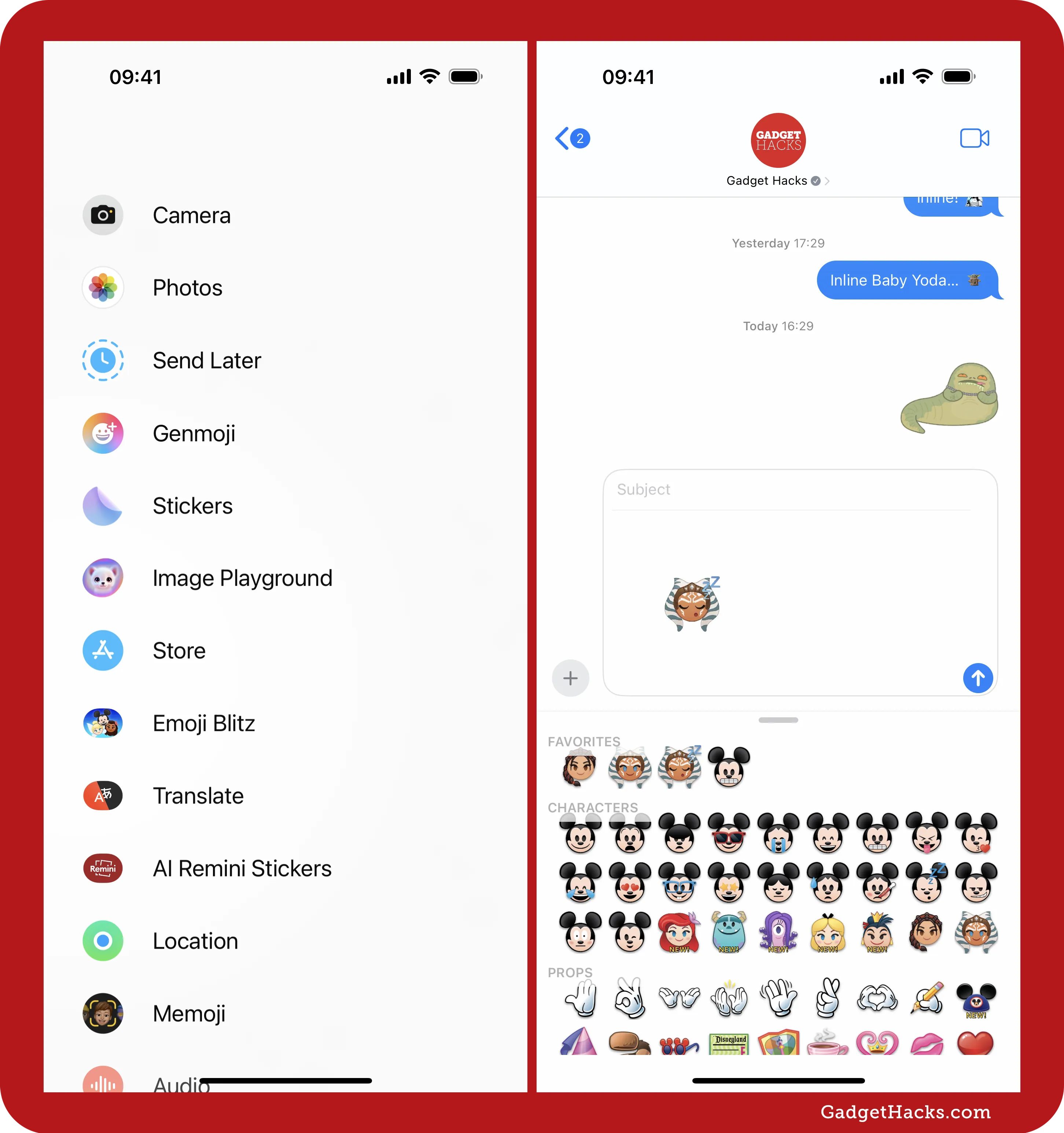 Split iPhone screen showing iMessage app drawer listing Genmoji, Stickers, and Emoji Blitz — sticker panel displays Mickey-style Star Wars icons and props.