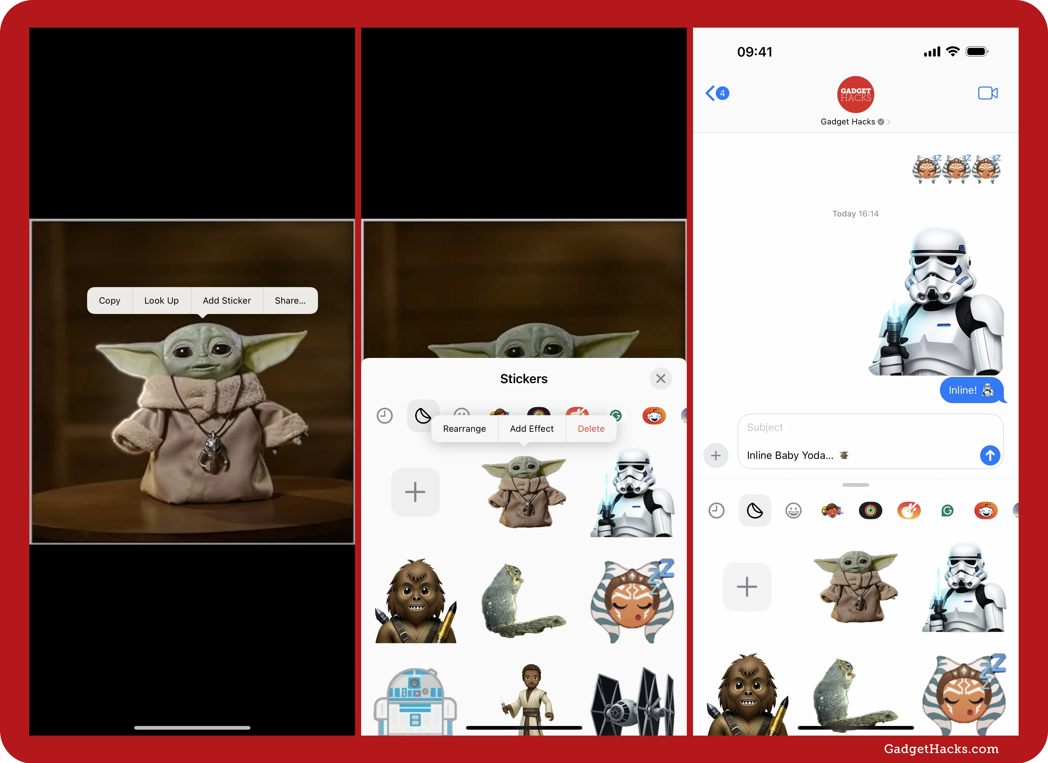 Three-panel screenshot showing how to add Star Wars stickers — long press a photo to Add Sticker, select Grogu sticker, then send Grogu inline in Messages.