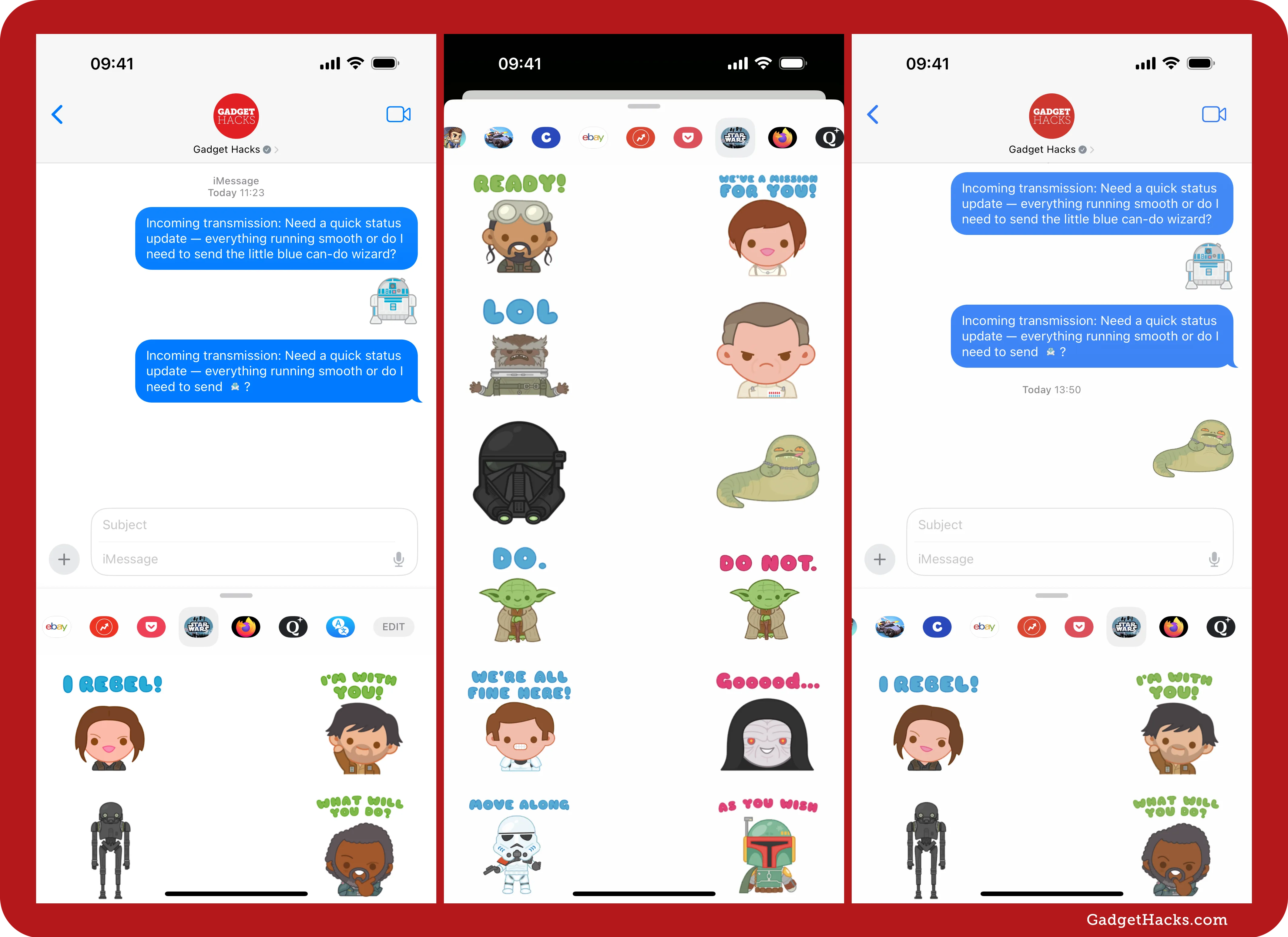Three iPhone Messages screenshots — app drawer highlights Star Wars sticker pack, sticker picker shows cartoon character captions, thread displays sent sticker.