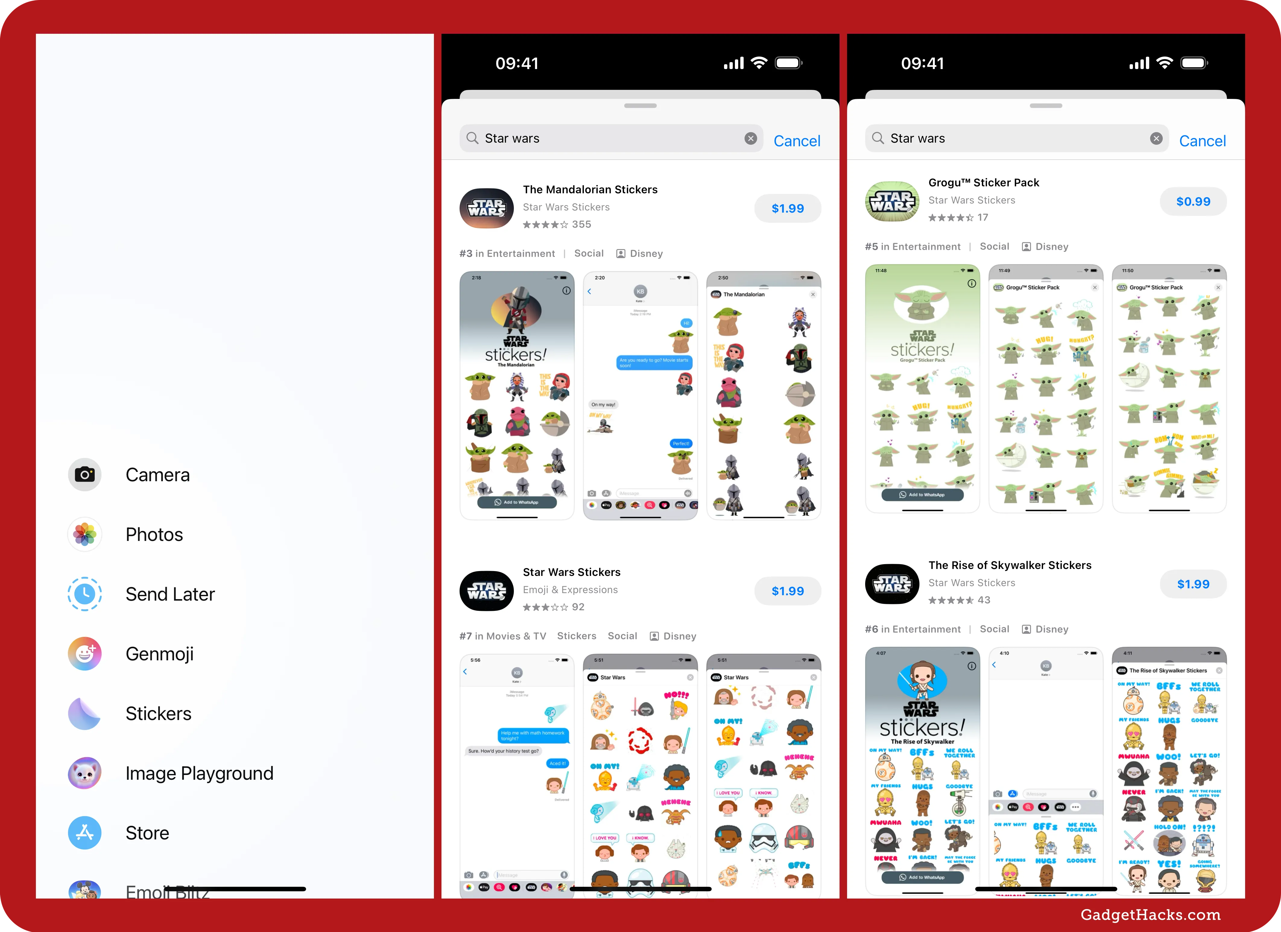 Three iPhone screenshots showing Messages app drawer menu with ‘Stickers’ option, followed by App Store search results for Star Wars sticker packs and pricing.