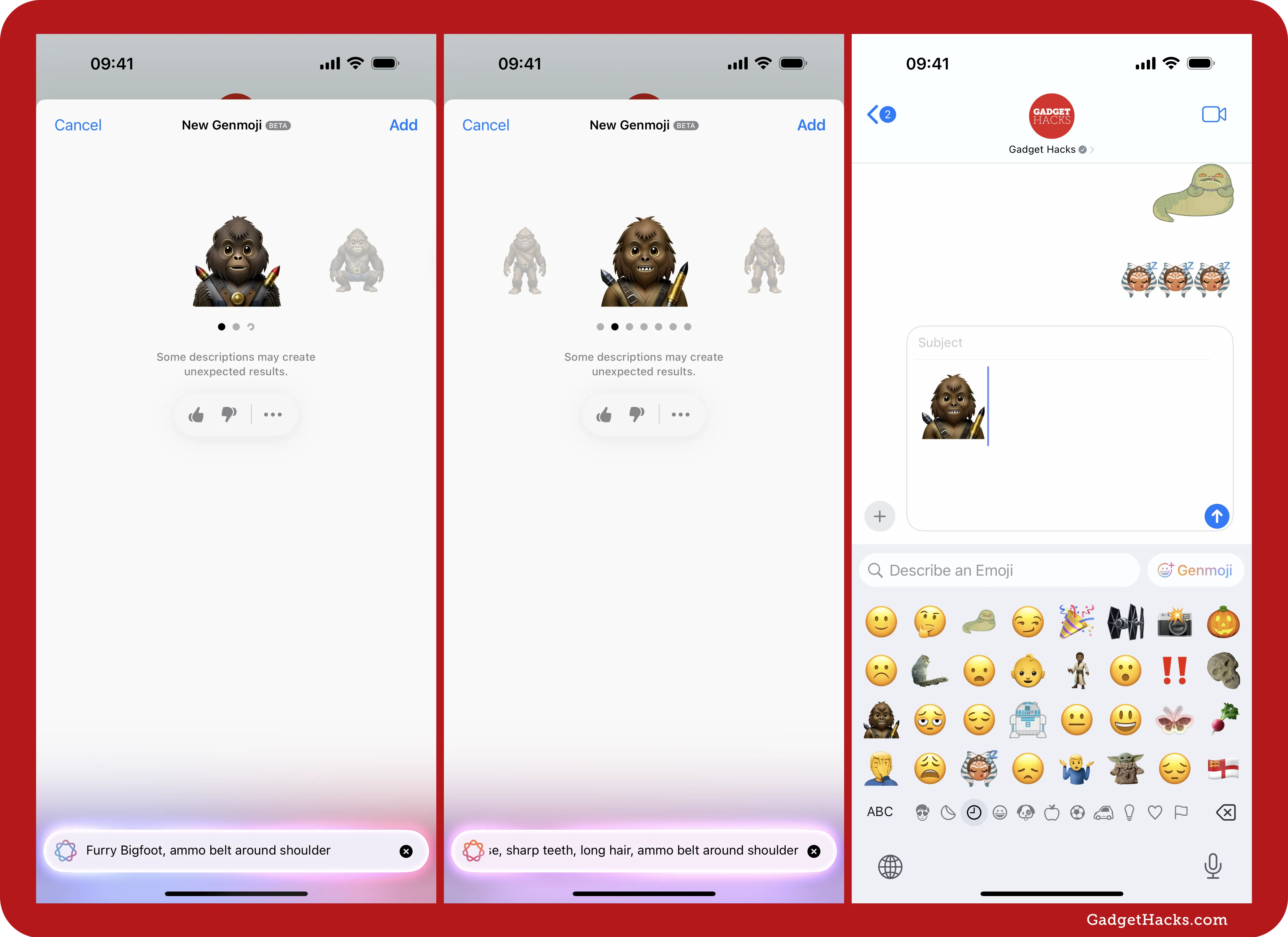 Three iPhone screenshots showing iOS Genmoji beta creating a Bigfoot emoji with ammo belt — prompt entry and insertion into Messages.