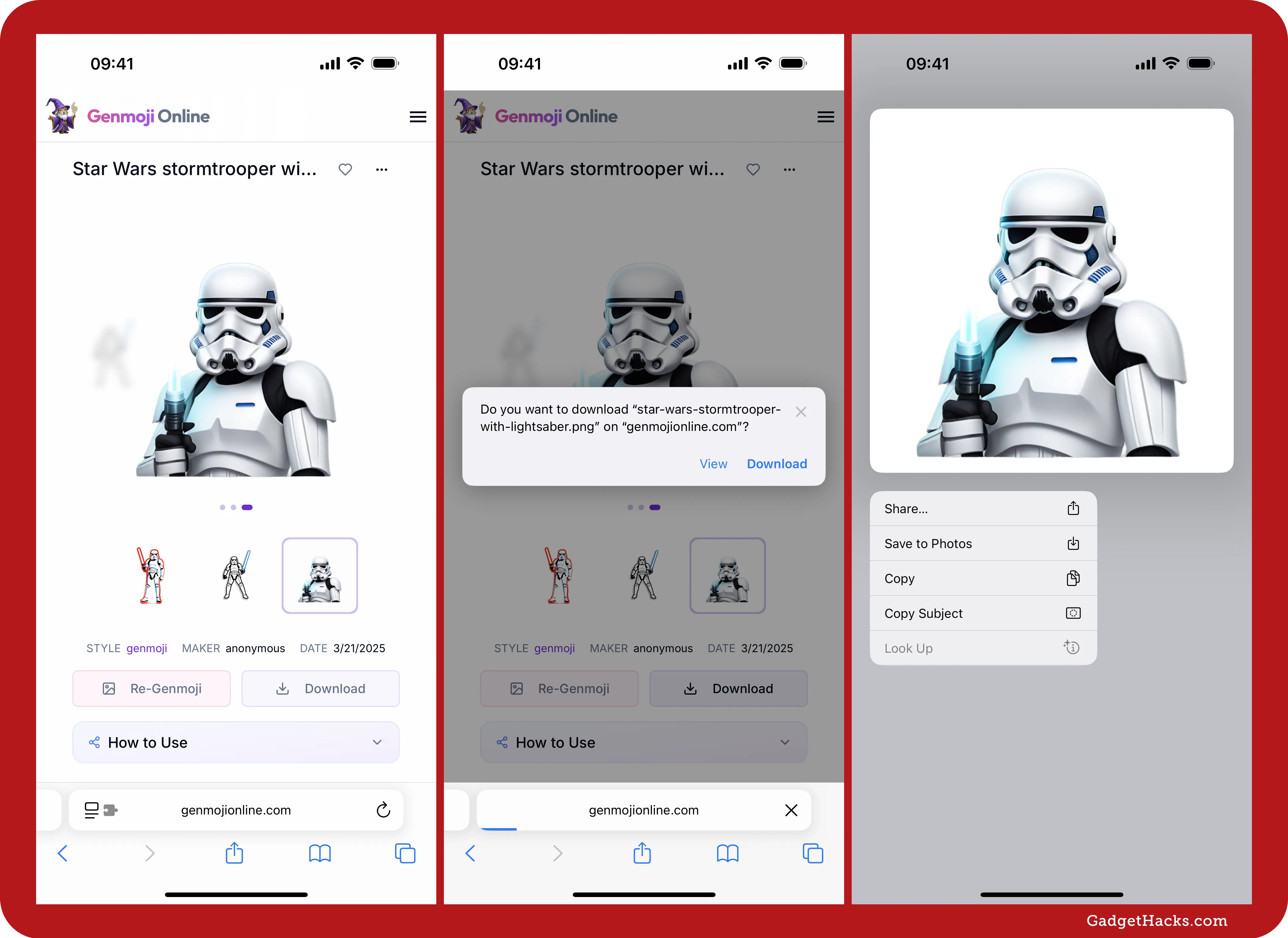 Three iPhone screenshots showing Genmoji Online Stormtrooper emoji page — preview selection, download confirmation, share sheet with save and copy options.