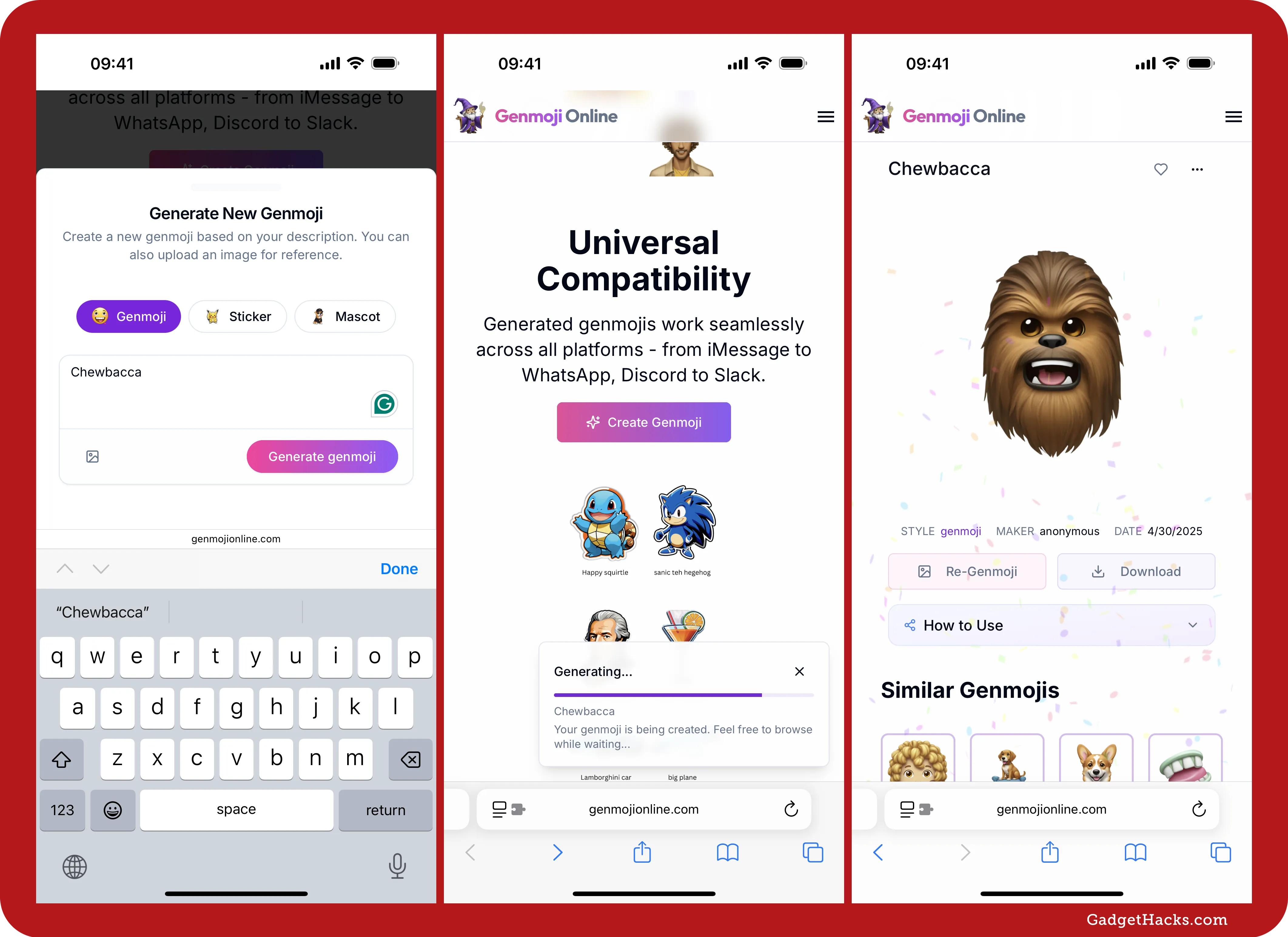 Three iPhone screenshots of Genmoji Online web app — typing “Chewbacca” prompt, showing generation progress, and final Chewbacca emoji result page.
