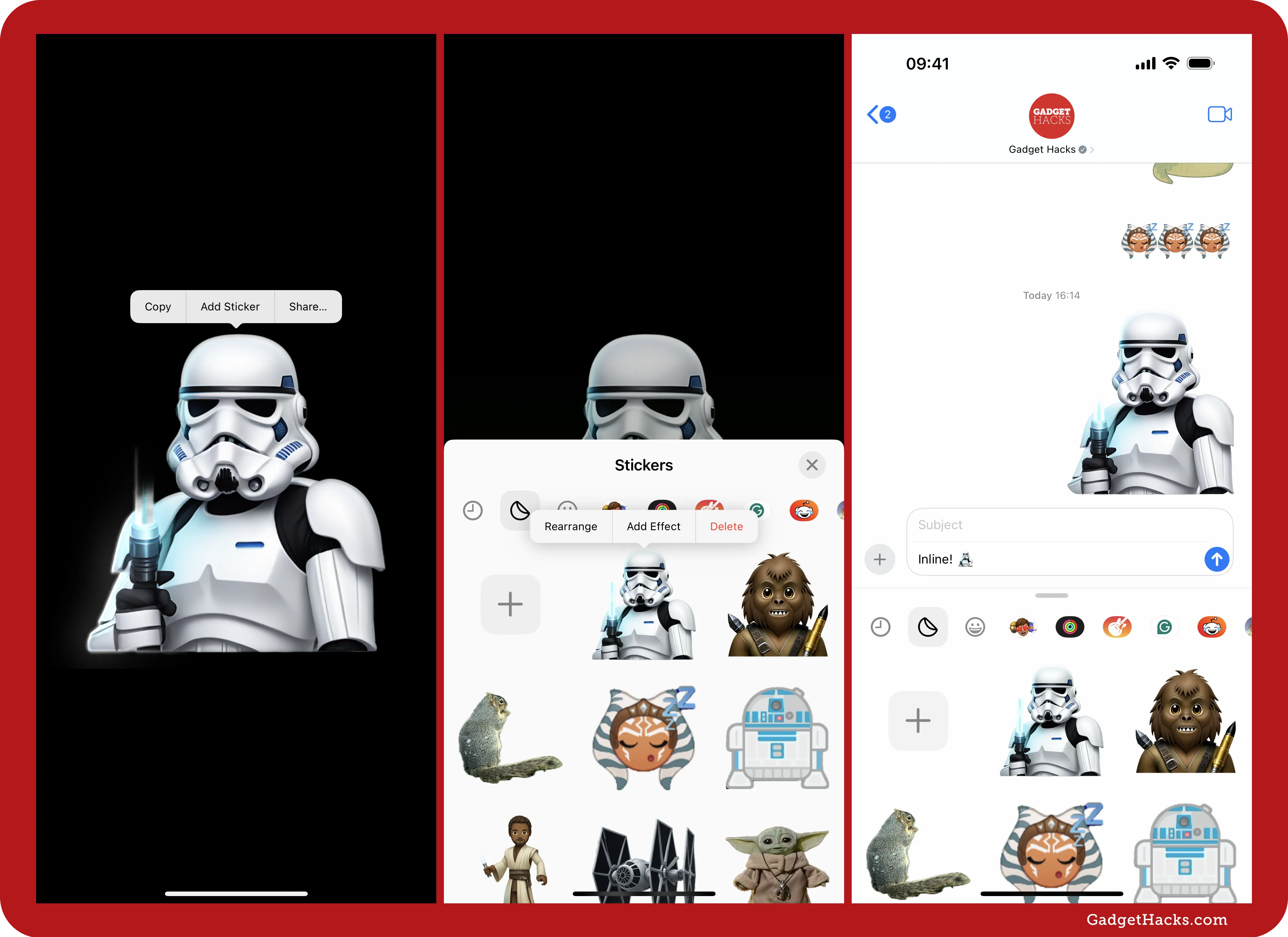 Three iPhone screenshots showing Stormtrooper Genmoji sticker preview, sticker pack management menu, then inline Stormtrooper sticker added to iMessage conversation.