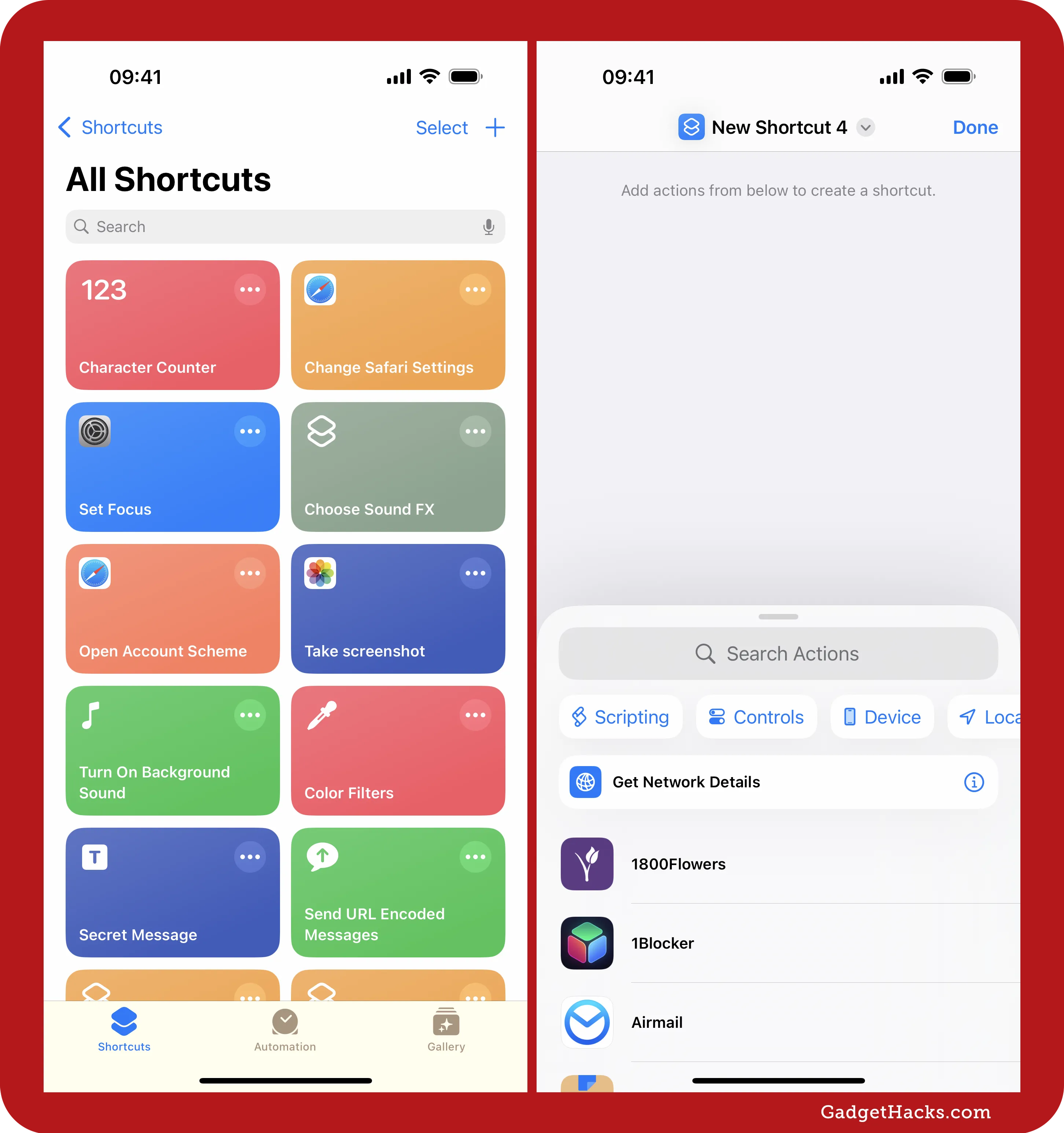 iPhone Shortcuts app showing saved shortcuts on the home screen and a blank new shortcut editor ready for actions.