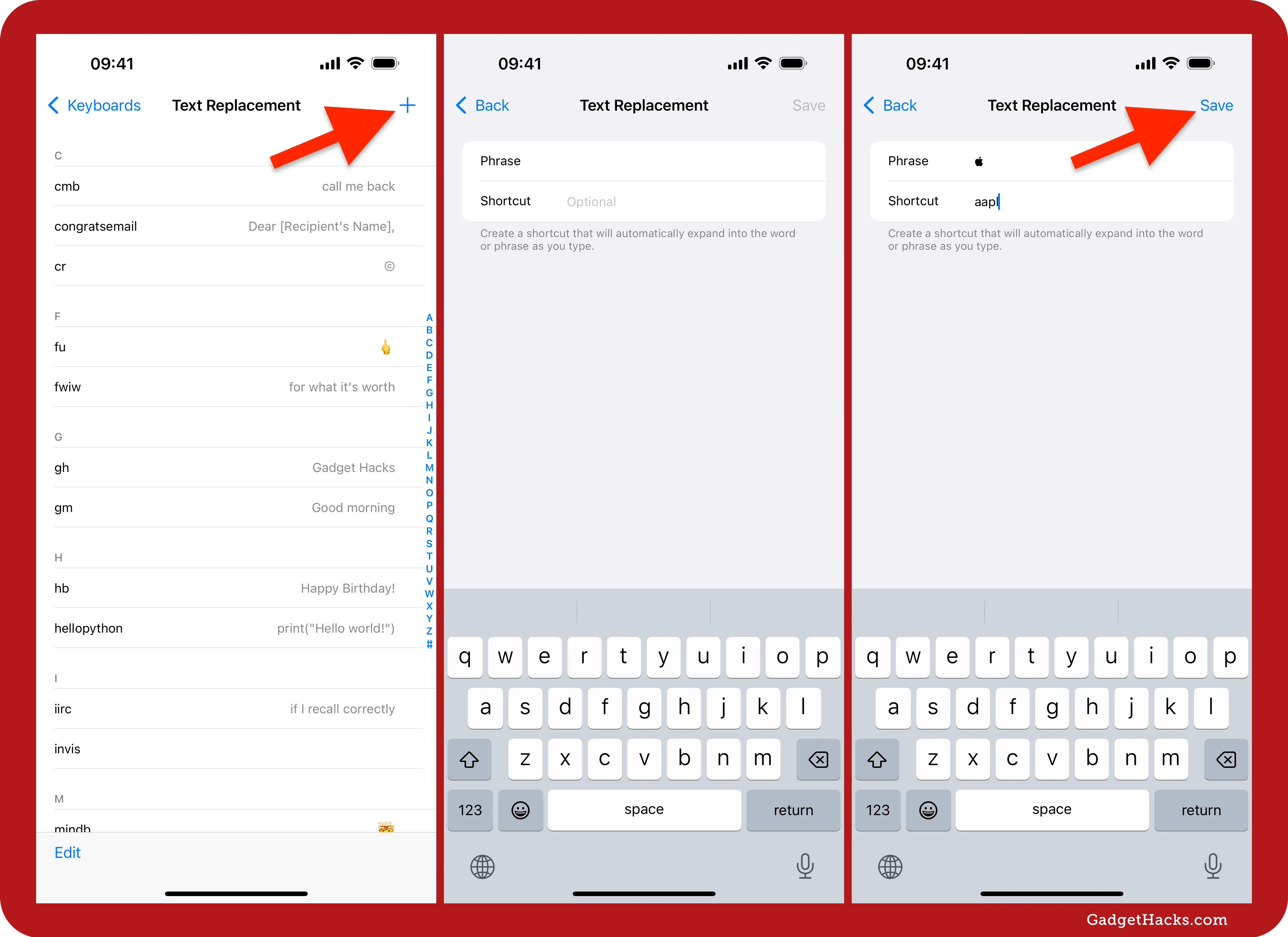 Steps for adding a text replacement shortcut on iPhone — tapping the plus icon, entering phrase and shortcut, then saving.