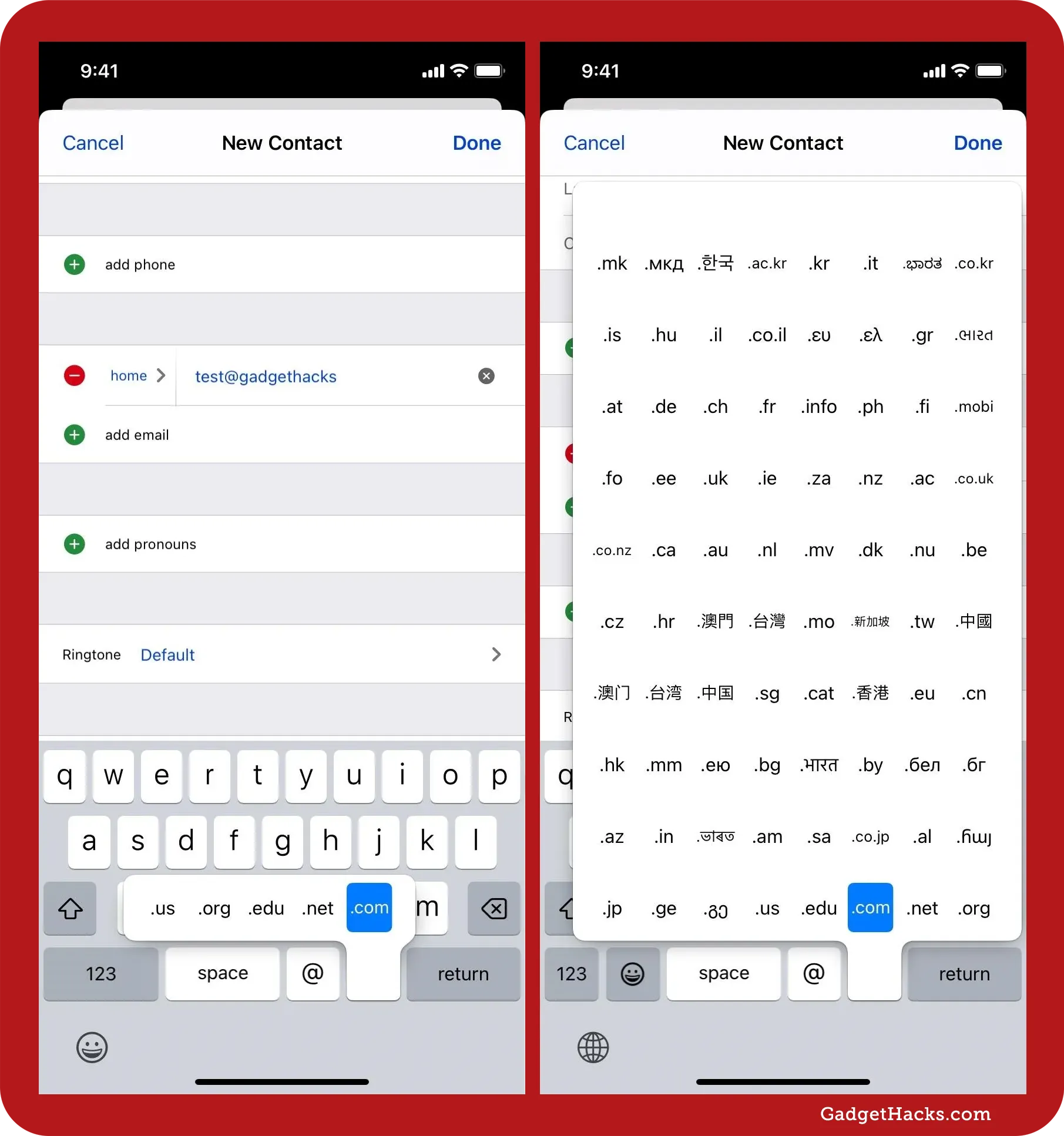 Side-by-side iOS keyboard screenshots compare default five-option TLD bar to expanded panel revealing dozens of international domain extensions.