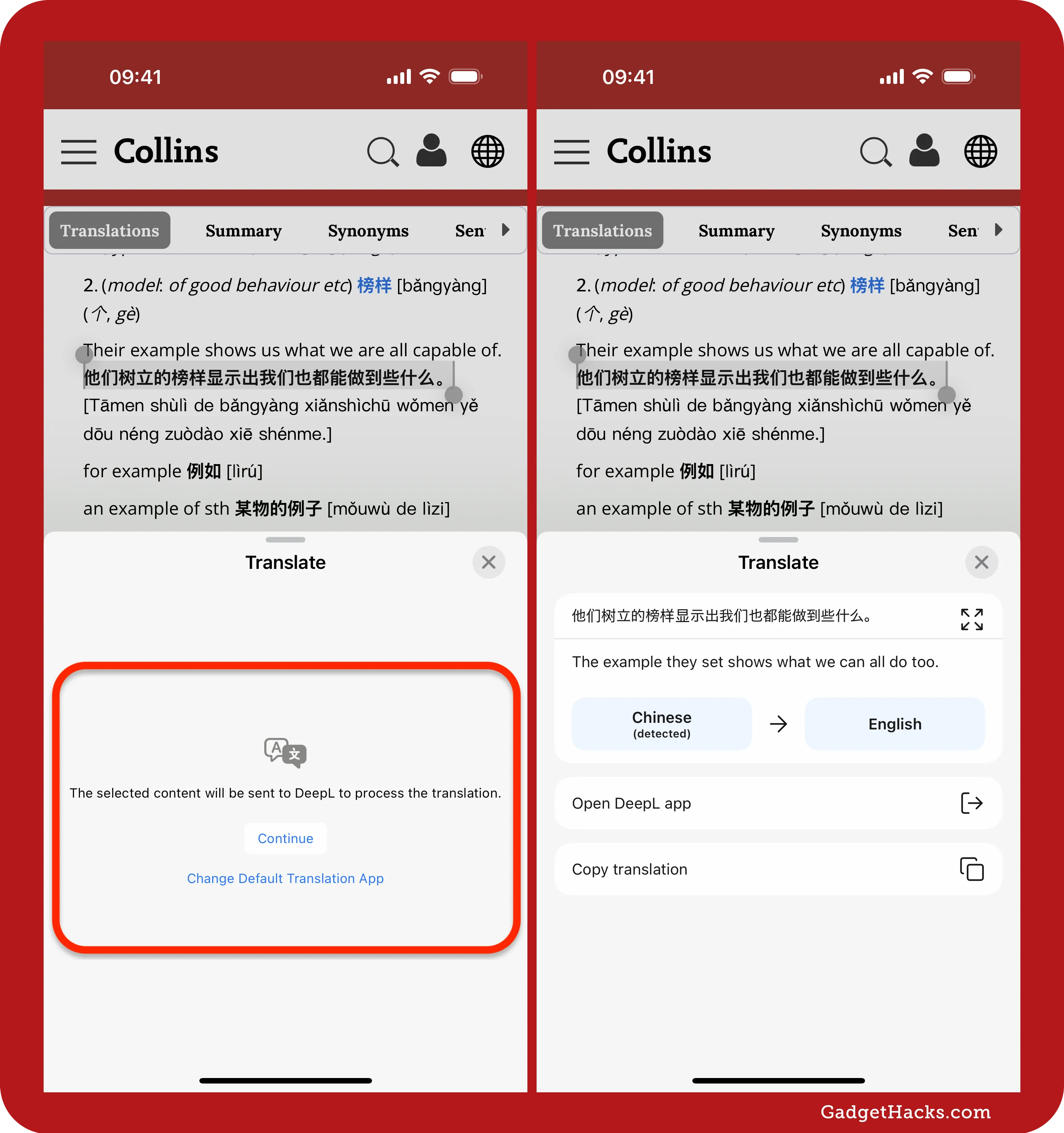 Thank you — here’s the corrected alt text: Translate popup in iOS 18.5 showing DeepL’s initial prompt before and after accepting, with source text, translation, and copy or app options.