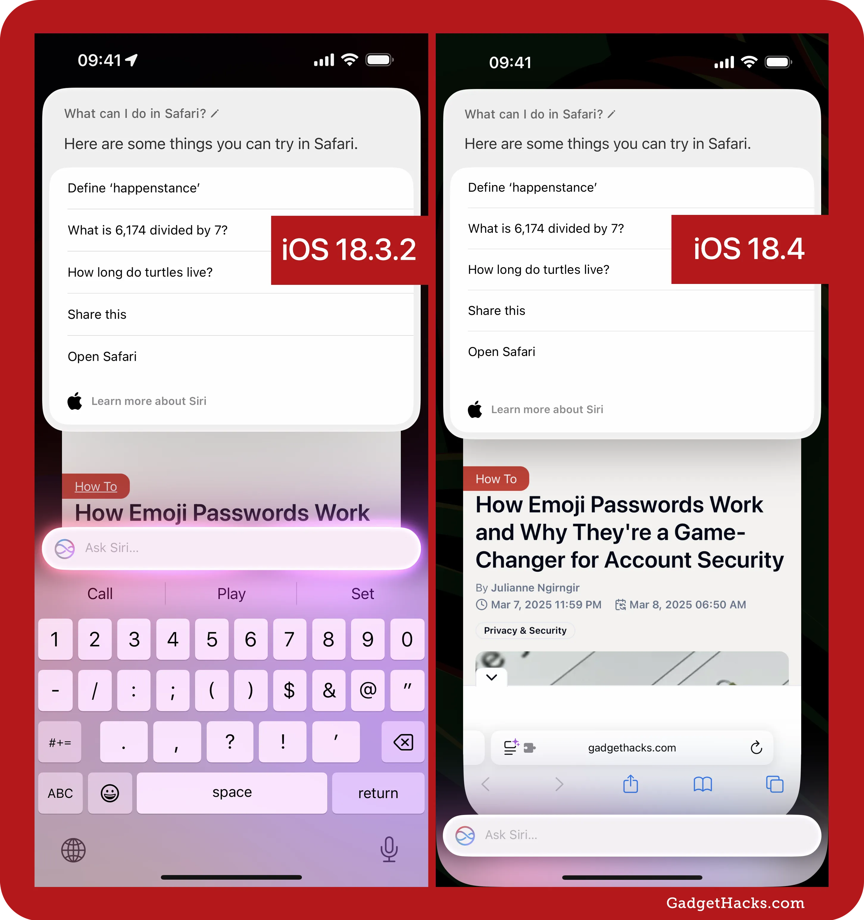 Two side-by-side screenshots compare the Type to Siri interface in iOS 18.3.2 and iOS 18.4, highlighting the new full-page result preview added in iOS 18.4.