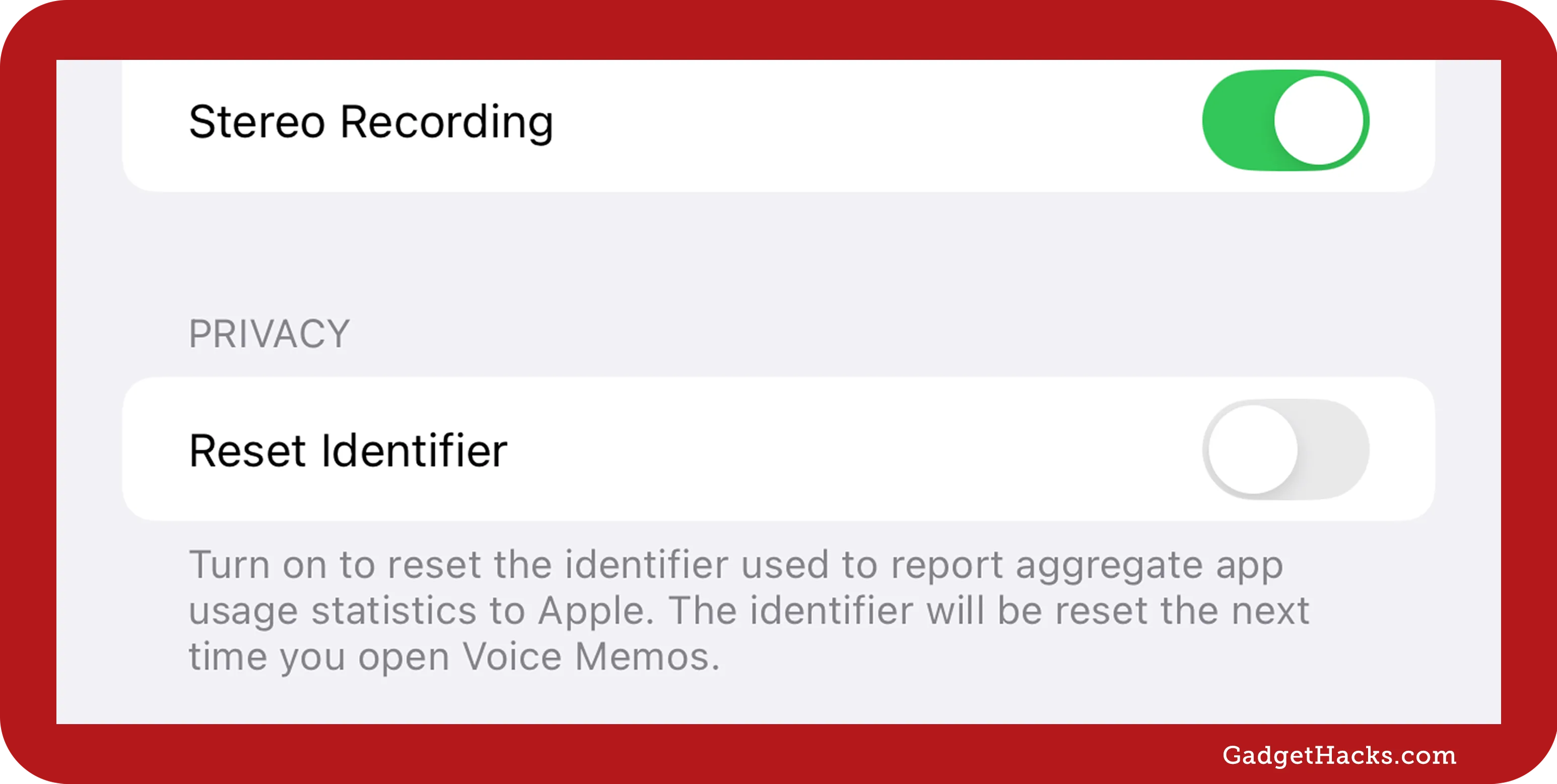 iPhone Voice Memos settings showing “Stereo Recording” on and “Reset Identifier” off with a note about resetting app usage stats when reopening the app.