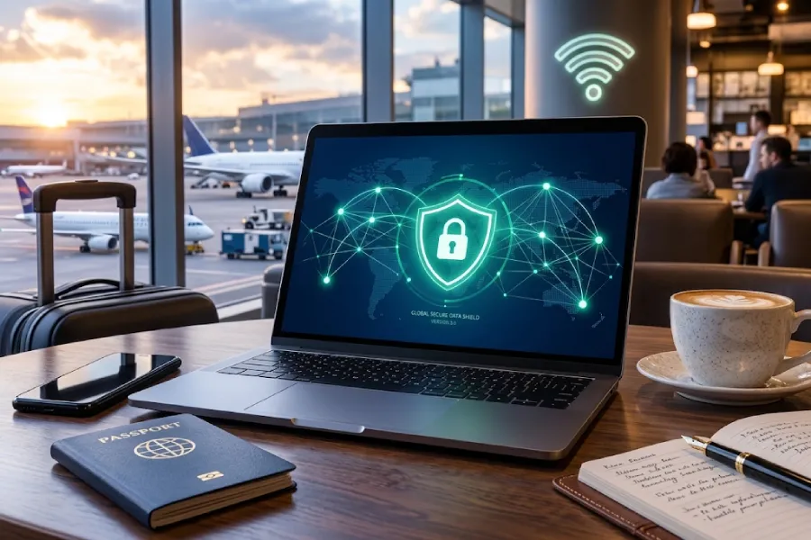 A laptop used inside an airport with VPN installed.