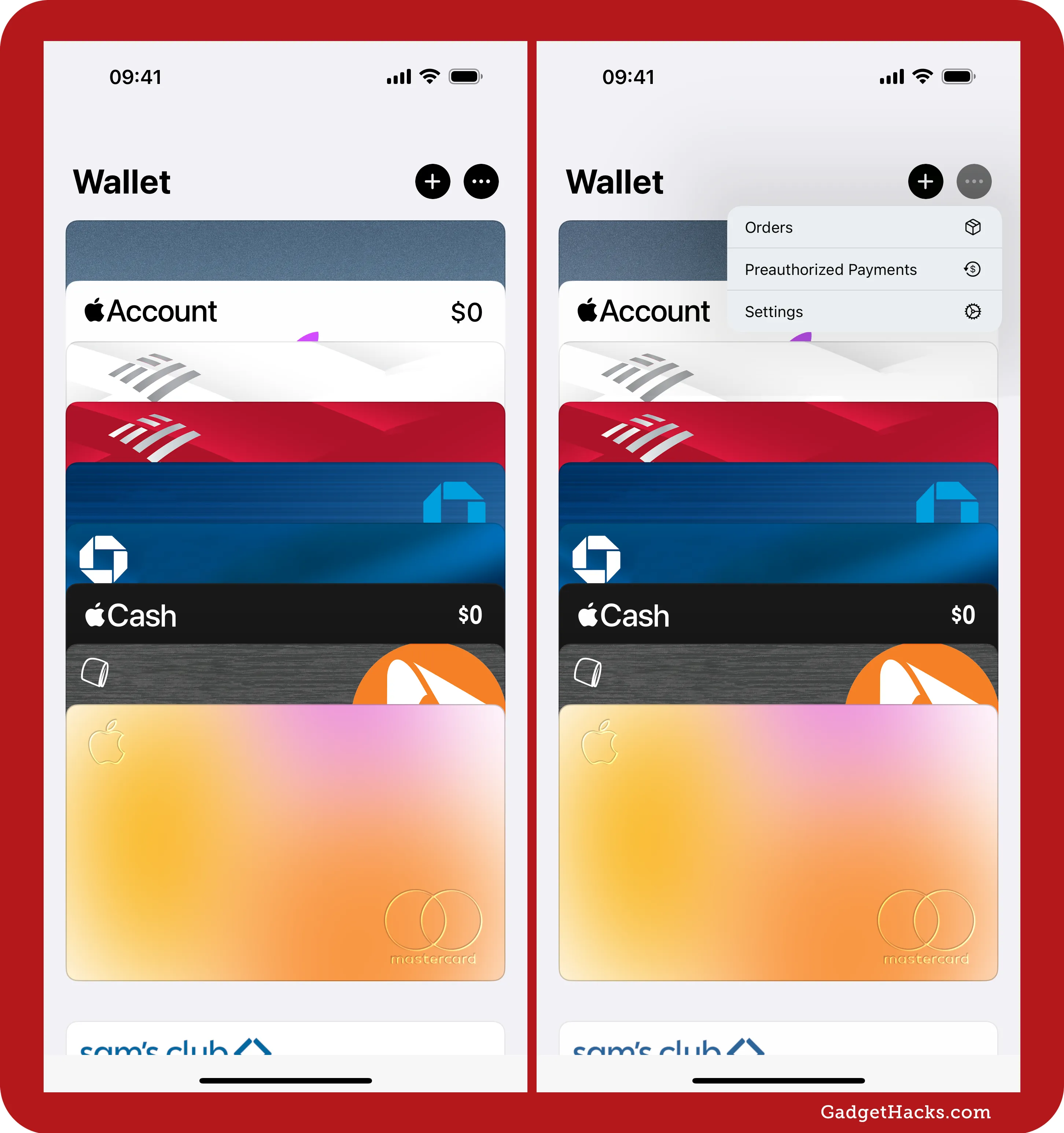 There's a new More (•••) menu in the Wallet app to access Orders, Preauthorized Payments, and Settings.
