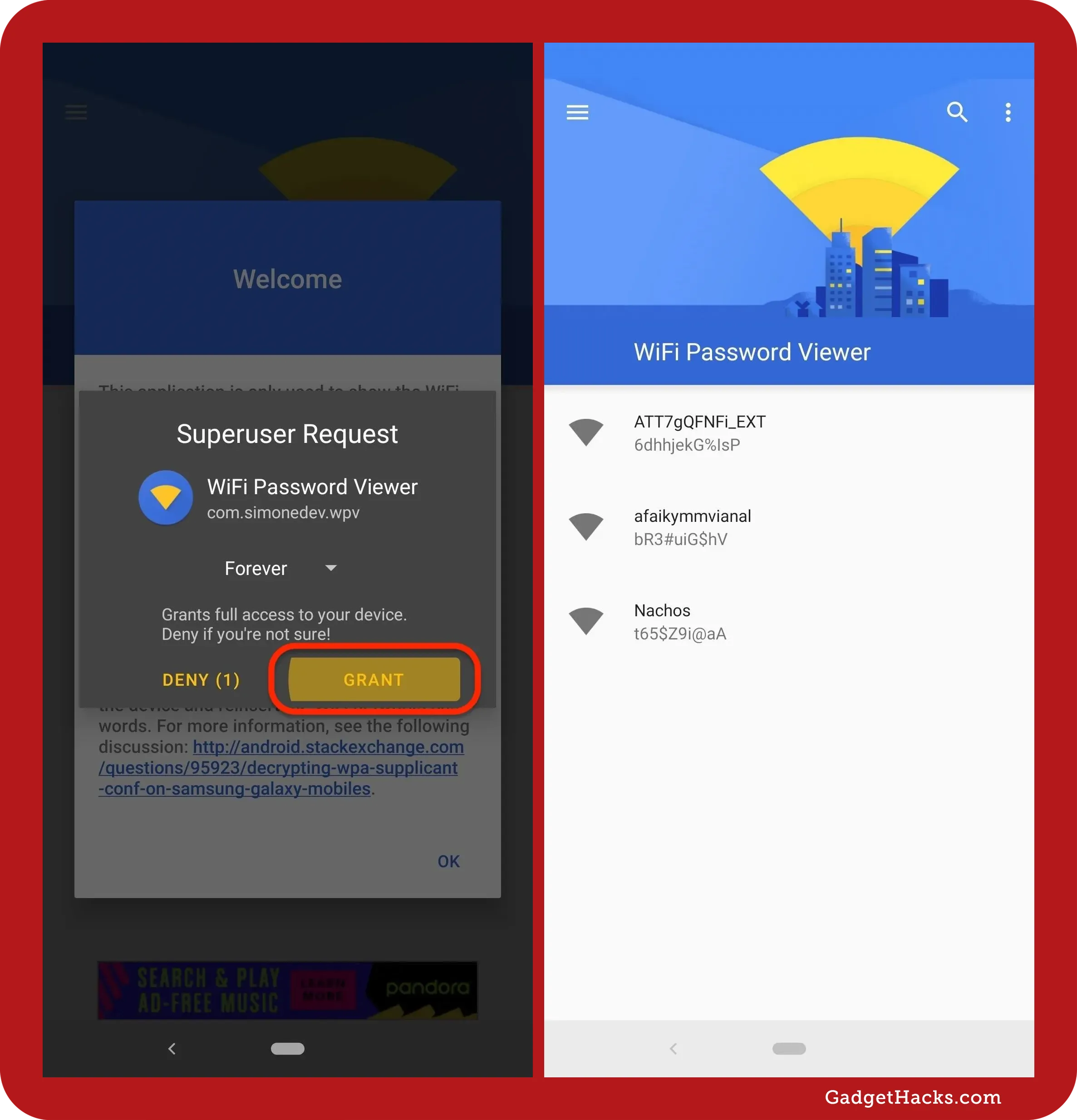 Rooted Android phone showing WiFi Password Viewer app requesting superuser access, then displaying saved Wi-Fi networks with SSIDs and decrypted passwords.