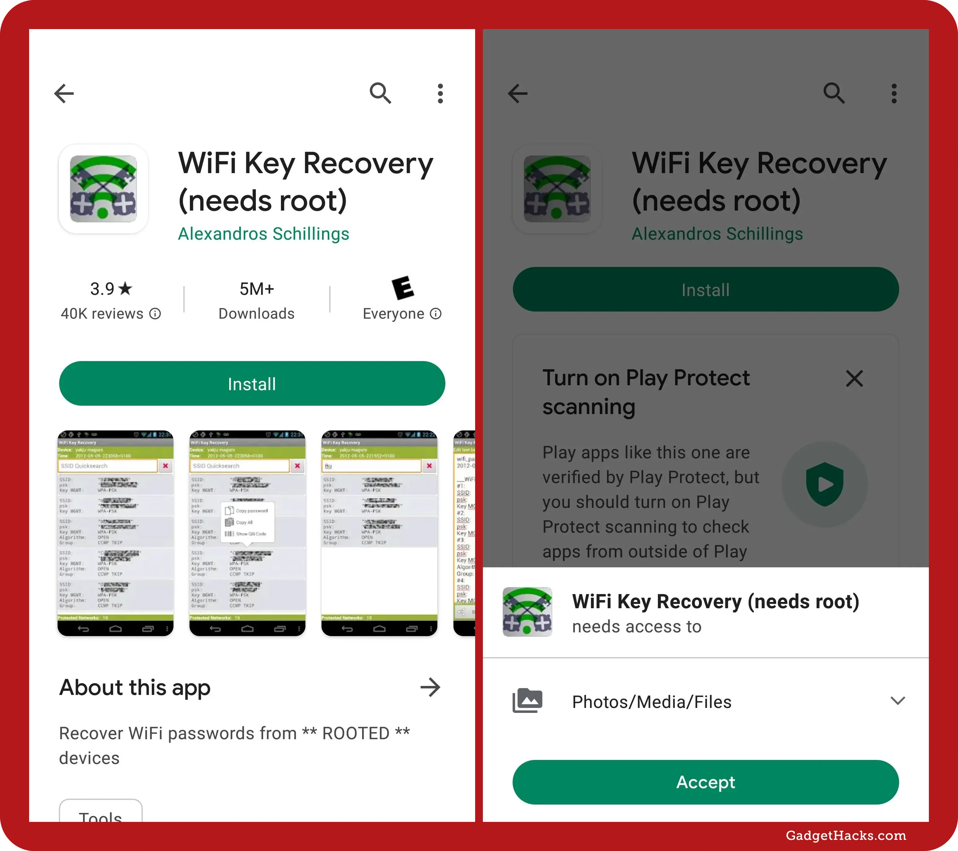 WiFi Key Recovery app listing in Google Play Store showing it requires root access, with install button, permissions request, and screenshots of decrypted Wi-Fi credentials.