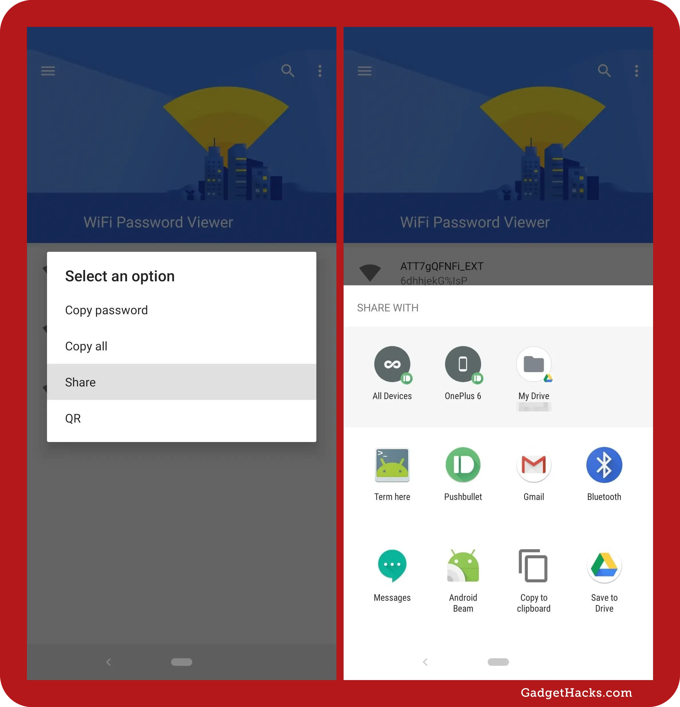 WiFi Password Viewer app showing share options for a saved Wi-Fi password, including copy, QR, and Android share menu with apps like Gmail and Bluetooth.