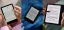 Side-by-side comparison of three e-readers: Kindle Paperwhite, Kobo Clara Colour, and Kobo Libra Colour, each displaying different e-books with varied interface features and color support.