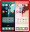 Side-by-side iPhone home screens: Default translucent UI on the left, Reduce Transparency enabled on the right, showing opaque backgrounds of base, widget and search card.